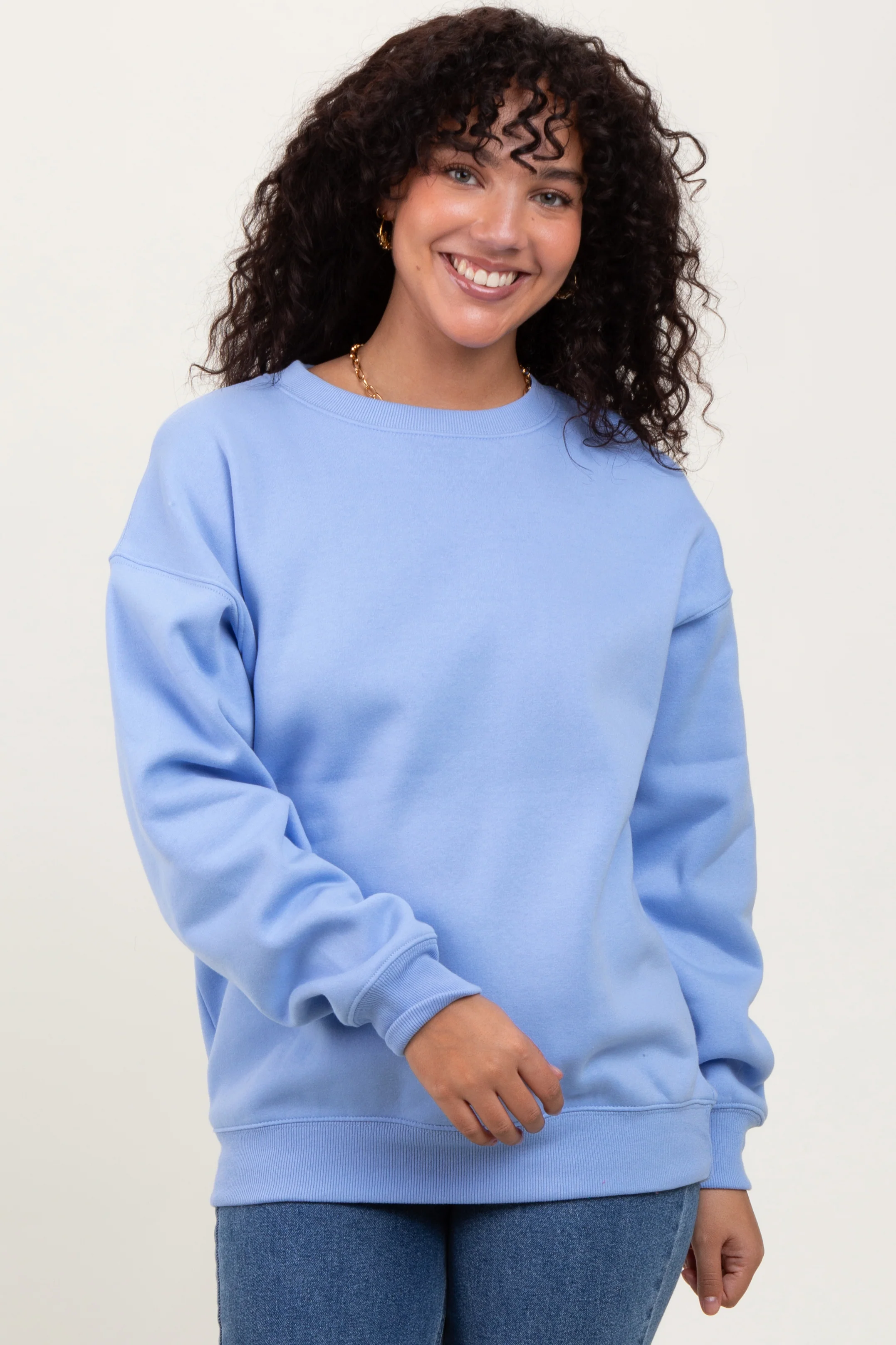 Light Blue Basic Fleece Crewneck Maternity Sweatshirt - Image 5