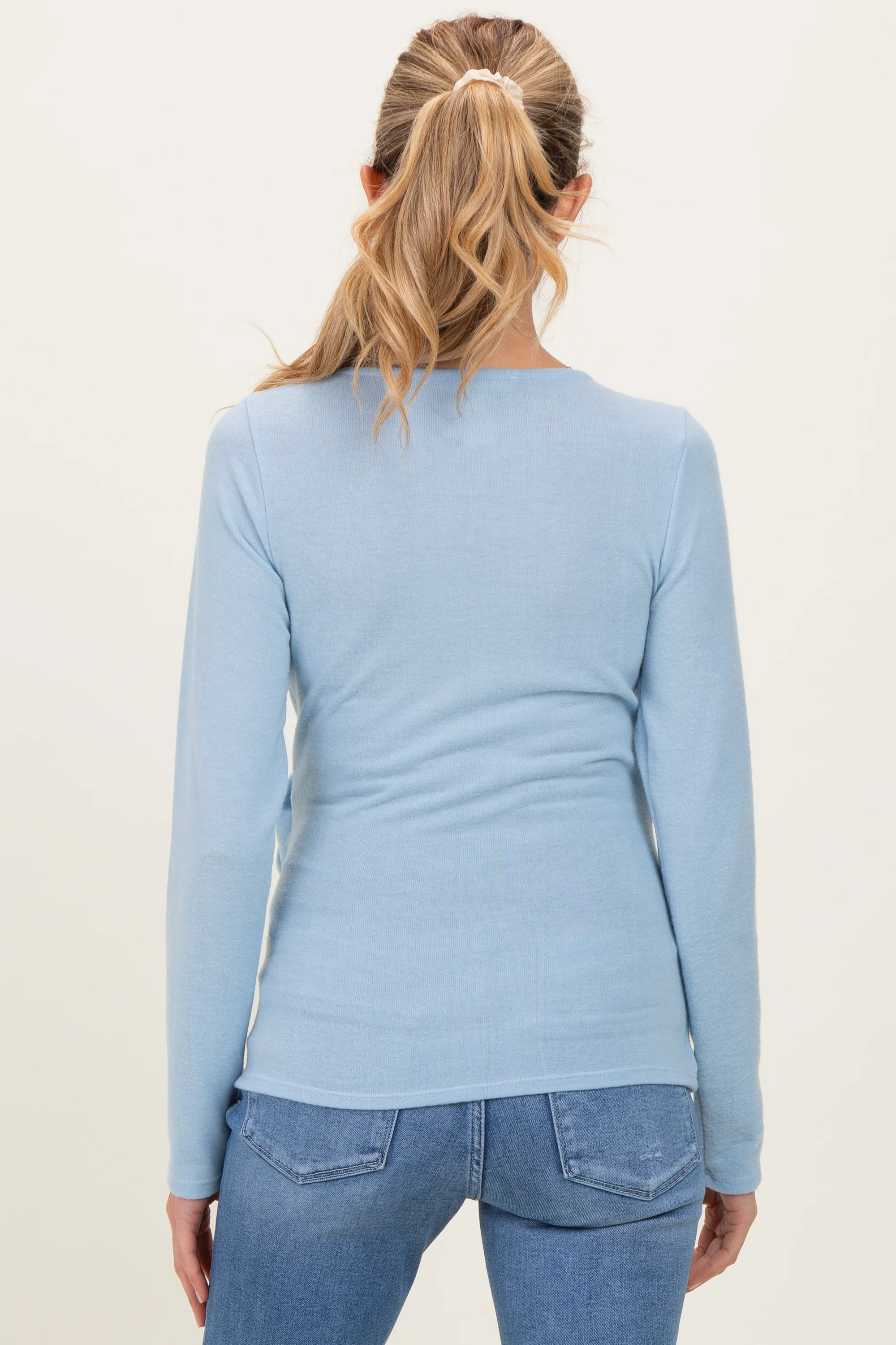 Light Blue Brushed Knit Wrap Front Maternity Top - Image 4