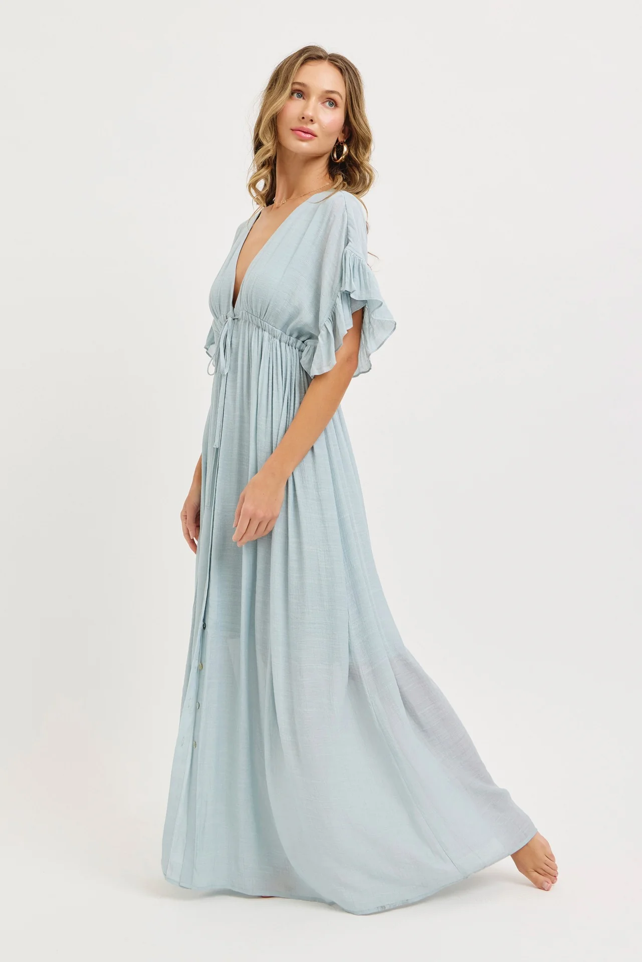 Light Blue Button Down Deep V-Neck Maxi Dress - Image 2
