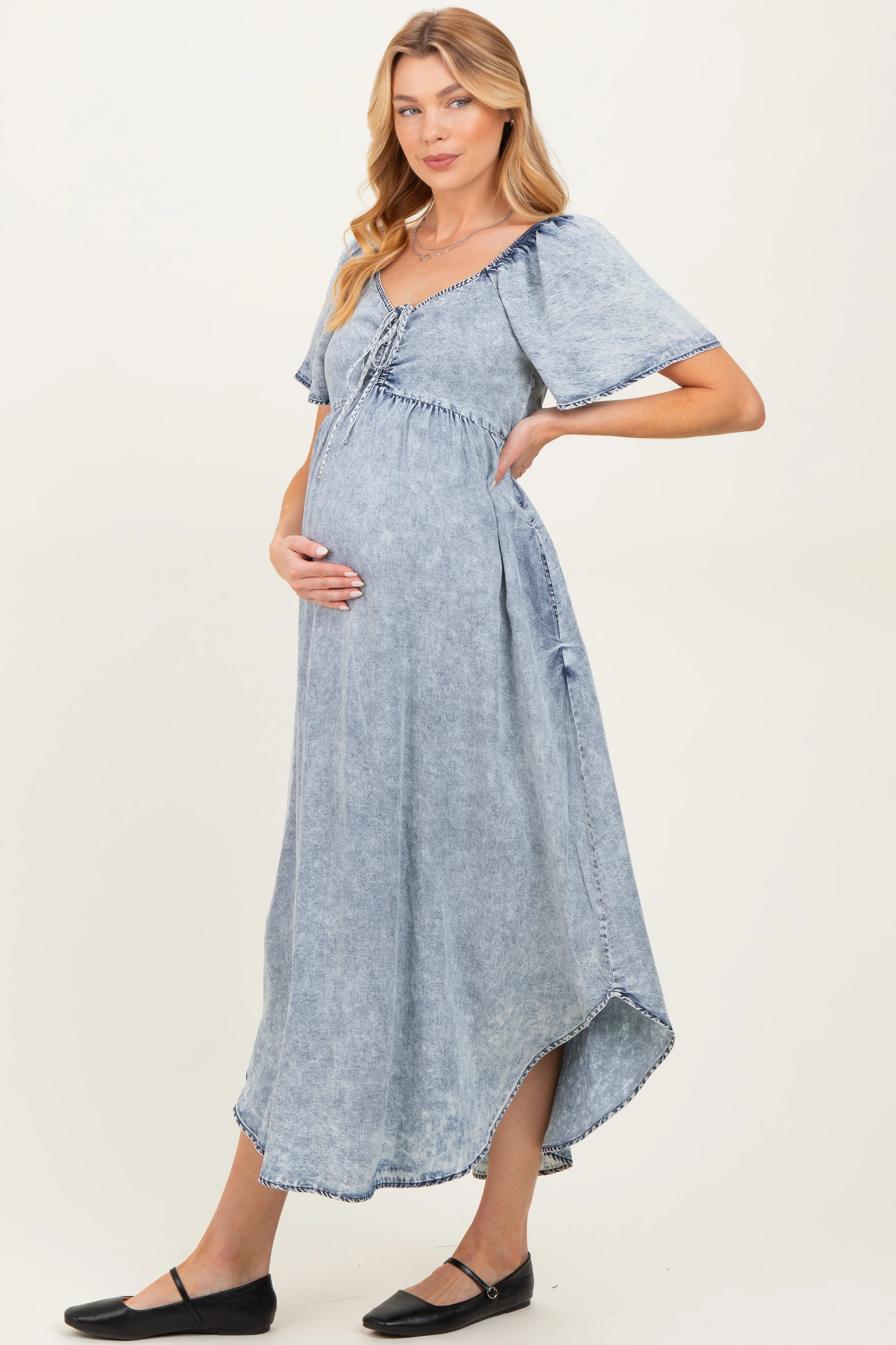 Light Blue Chambray Cinched Tie Bust Maternity Maxi Dress - Image 2