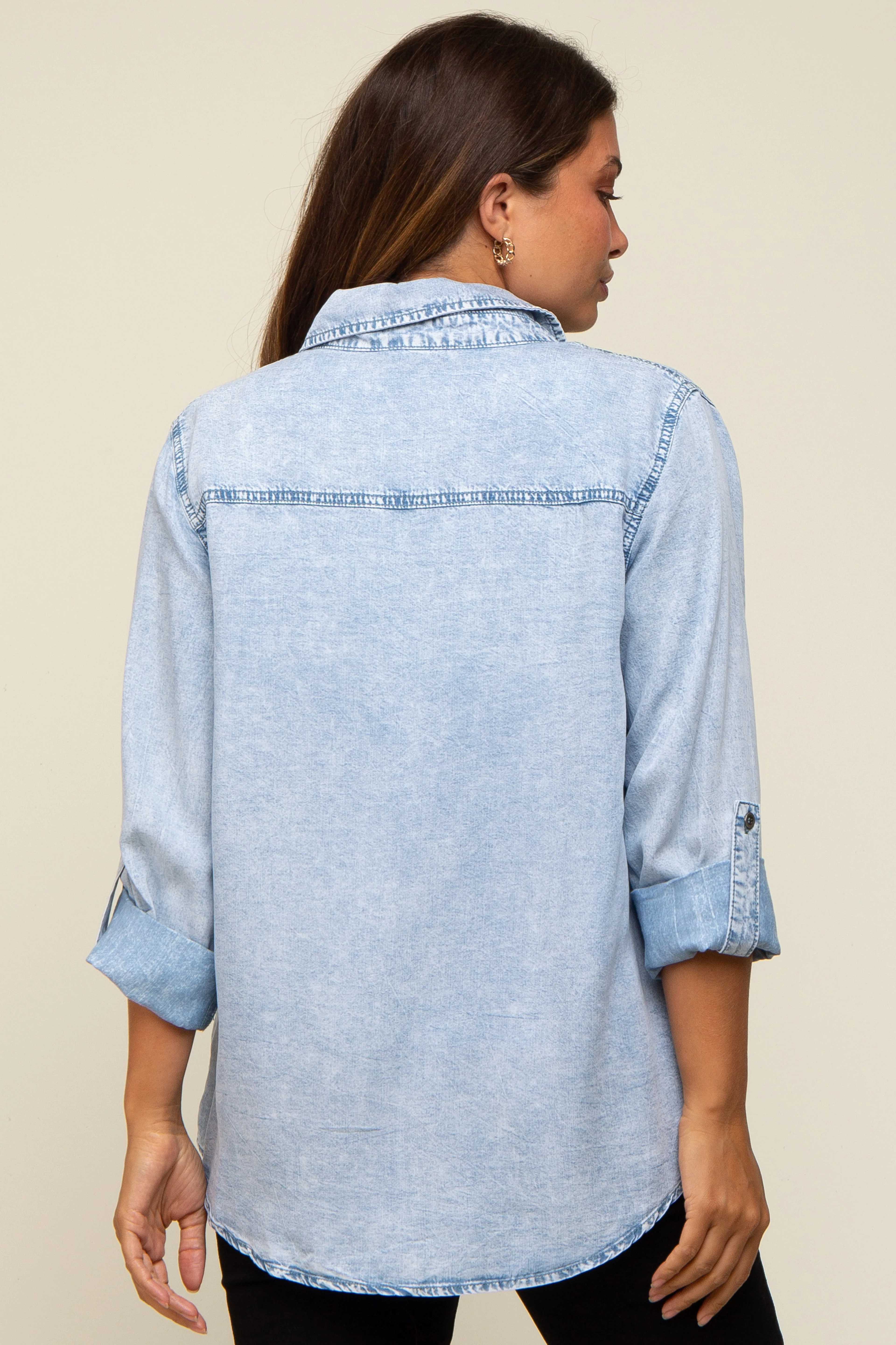 Light Blue Chambray Maternity Rolled Cuff Shirt - Image 3