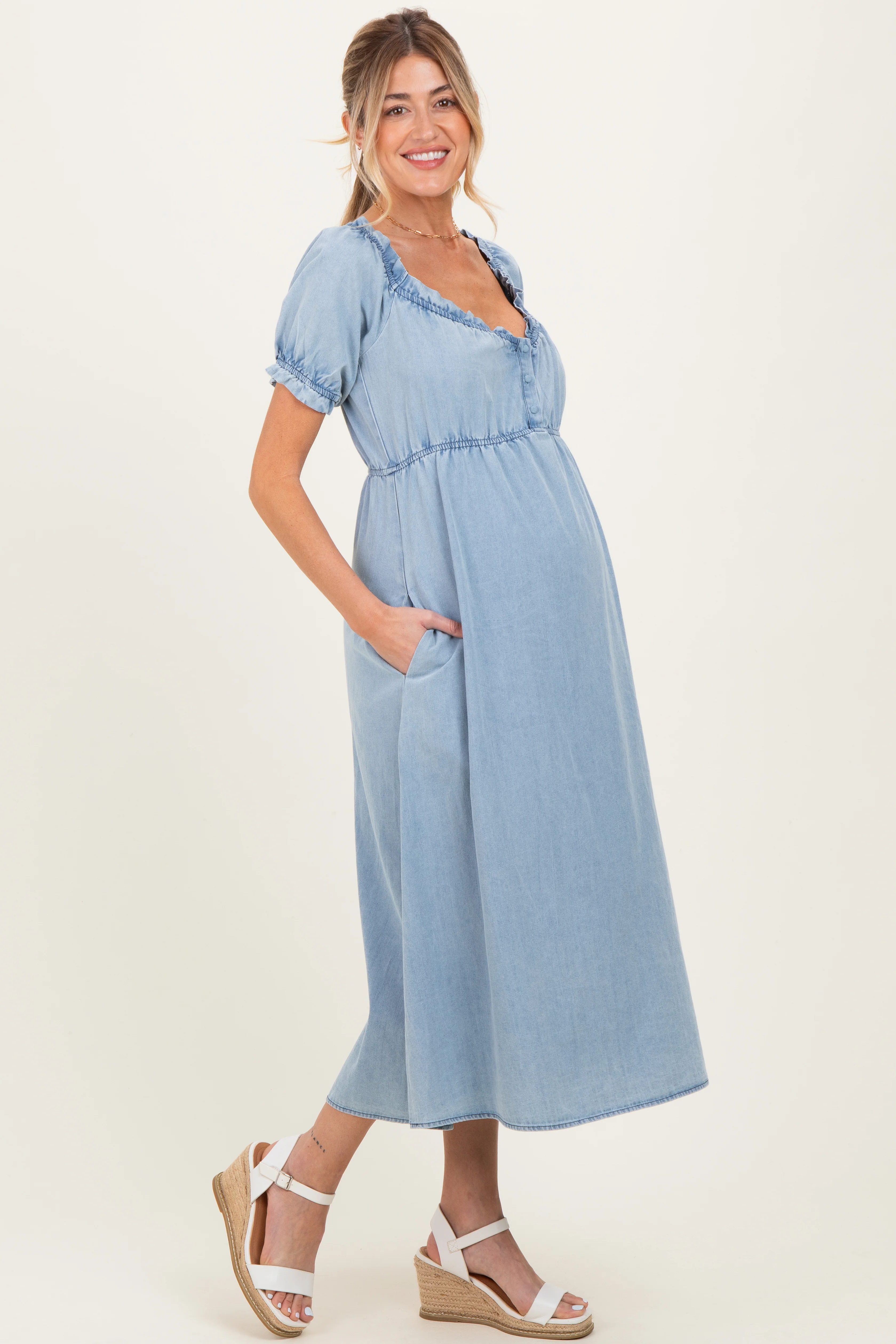 Light Blue Chambray Ruffle Neckline Maternity Midi Dress - Image 3