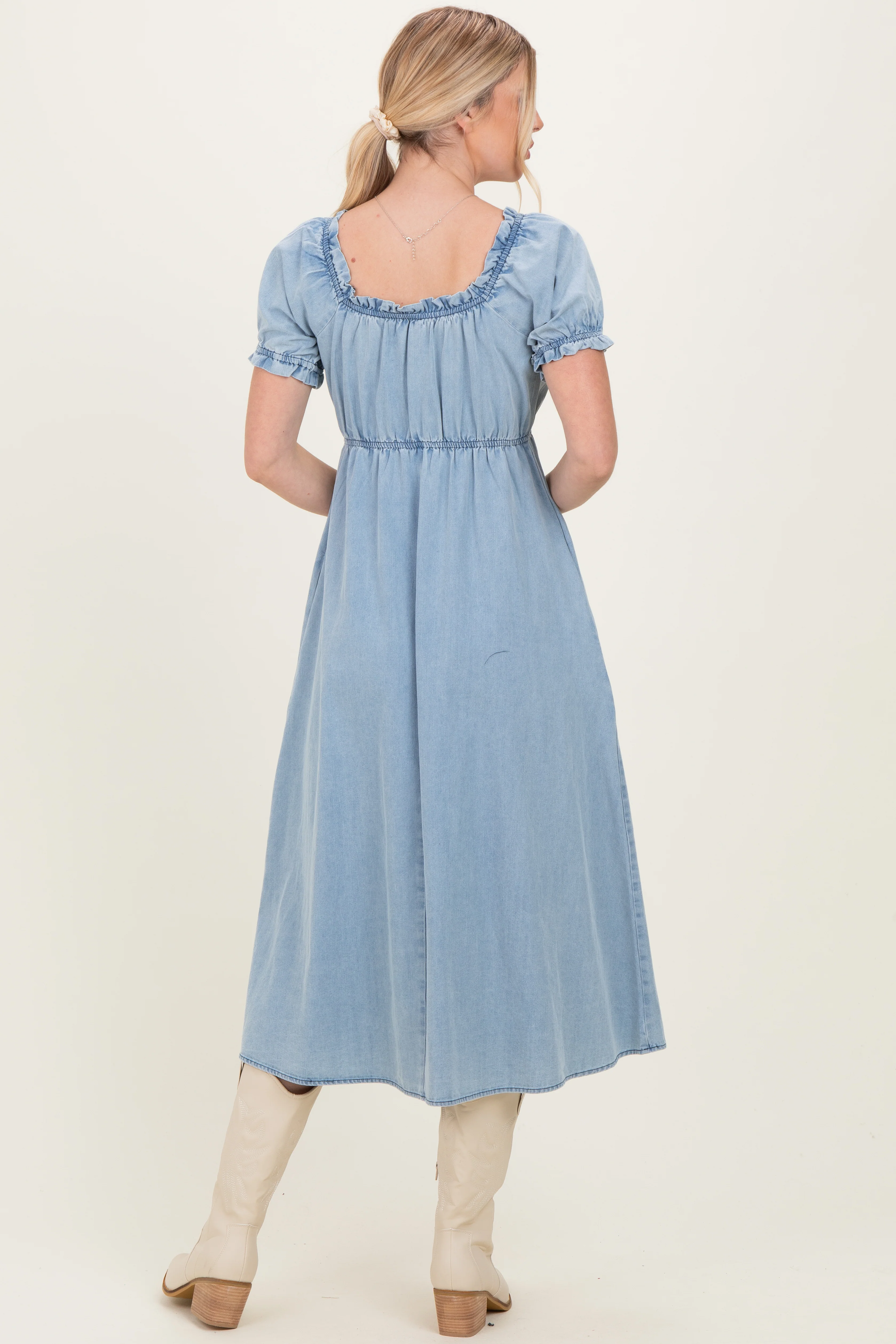 Light Blue Chambray Ruffle Neckline Midi Dress - Image 3