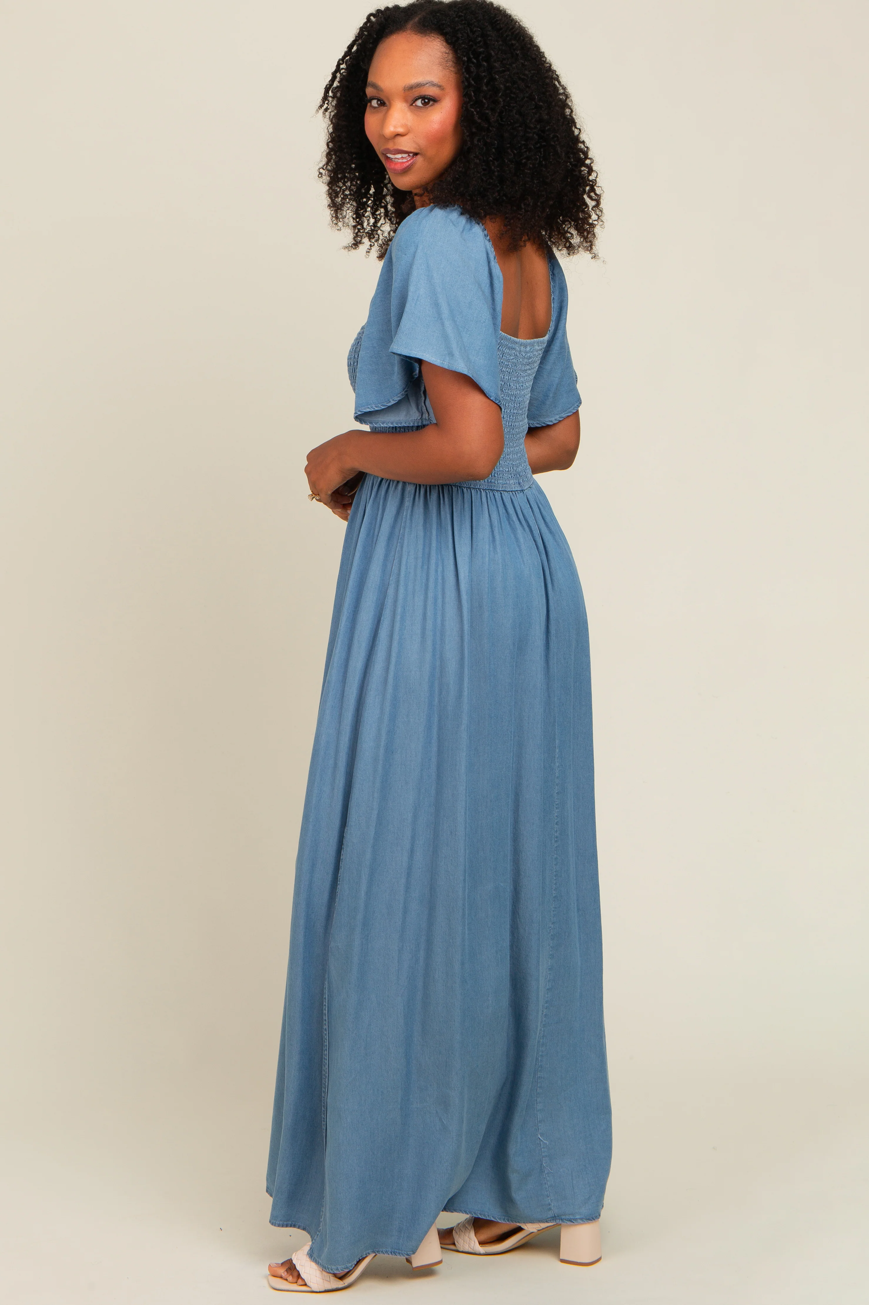 Light Blue Chambray Smocked Maxi Dress - Image 3