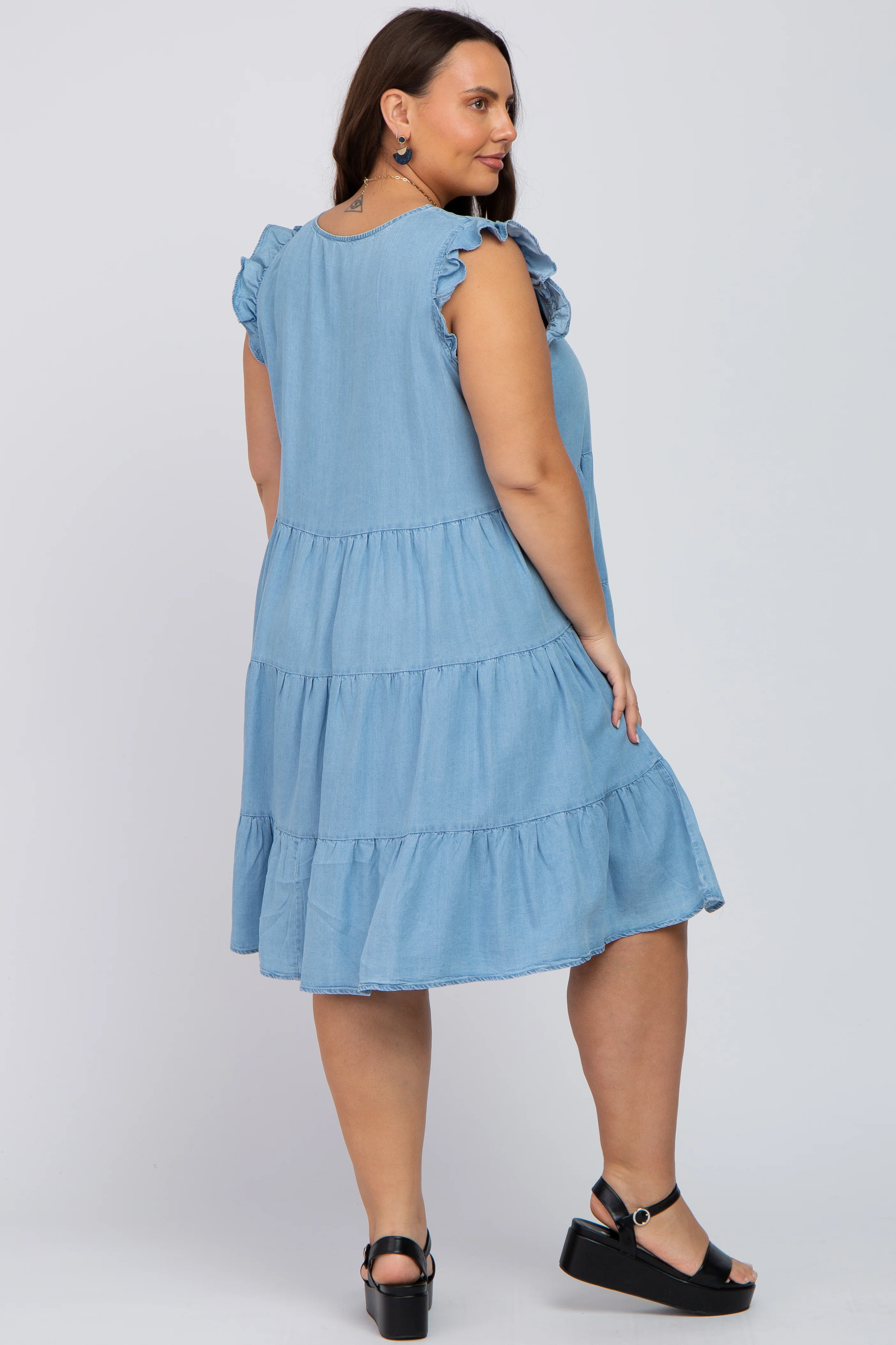 Light Blue Chambray Tiered Button Accent Plus Dress - Image 3