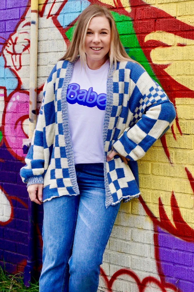 Light Blue Checkered Print Oversized Cardigan - Image 6