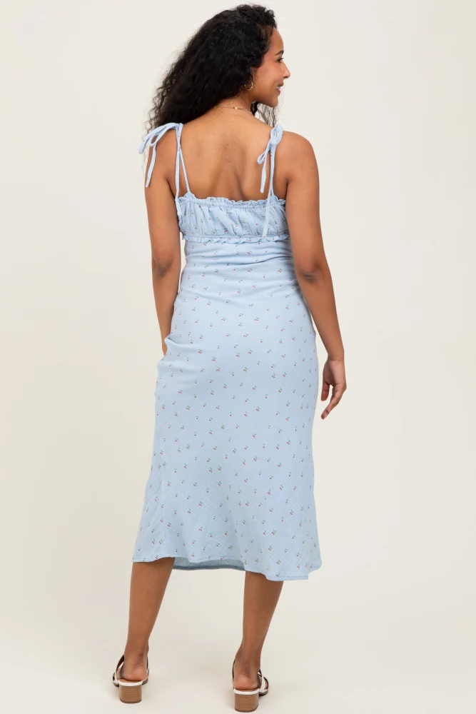 Light Blue Cherry Print Shoulder Tie Maternity Midi Dress - Image 5