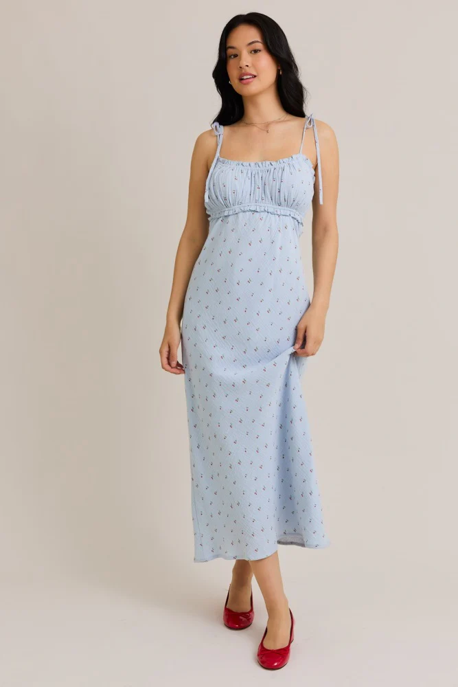 Light Blue Cherry Print Shoulder Tie Maternity Midi Dress - Image 7