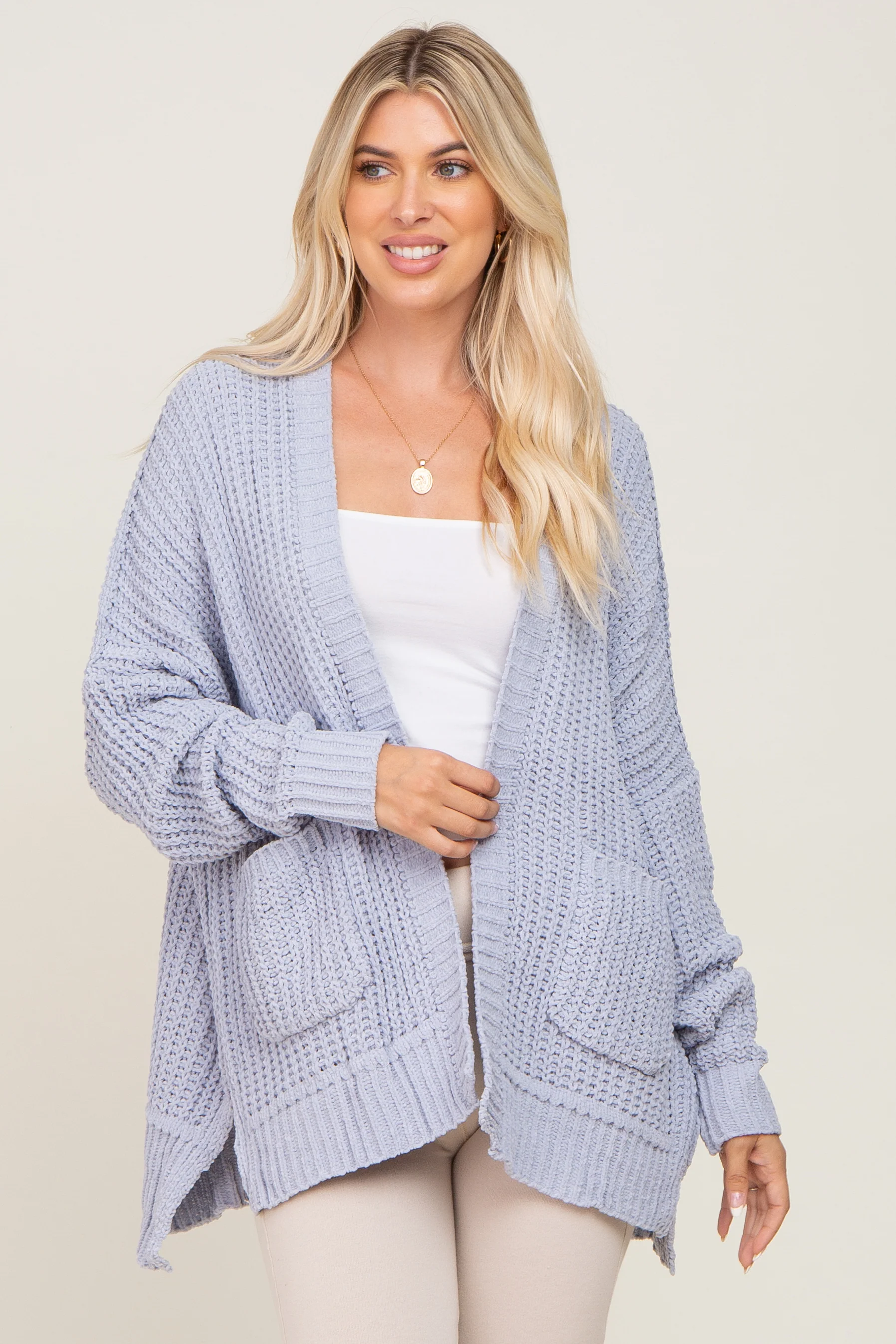 Light Blue Chunky Knit Oversized Maternity Cardigan - Image 6