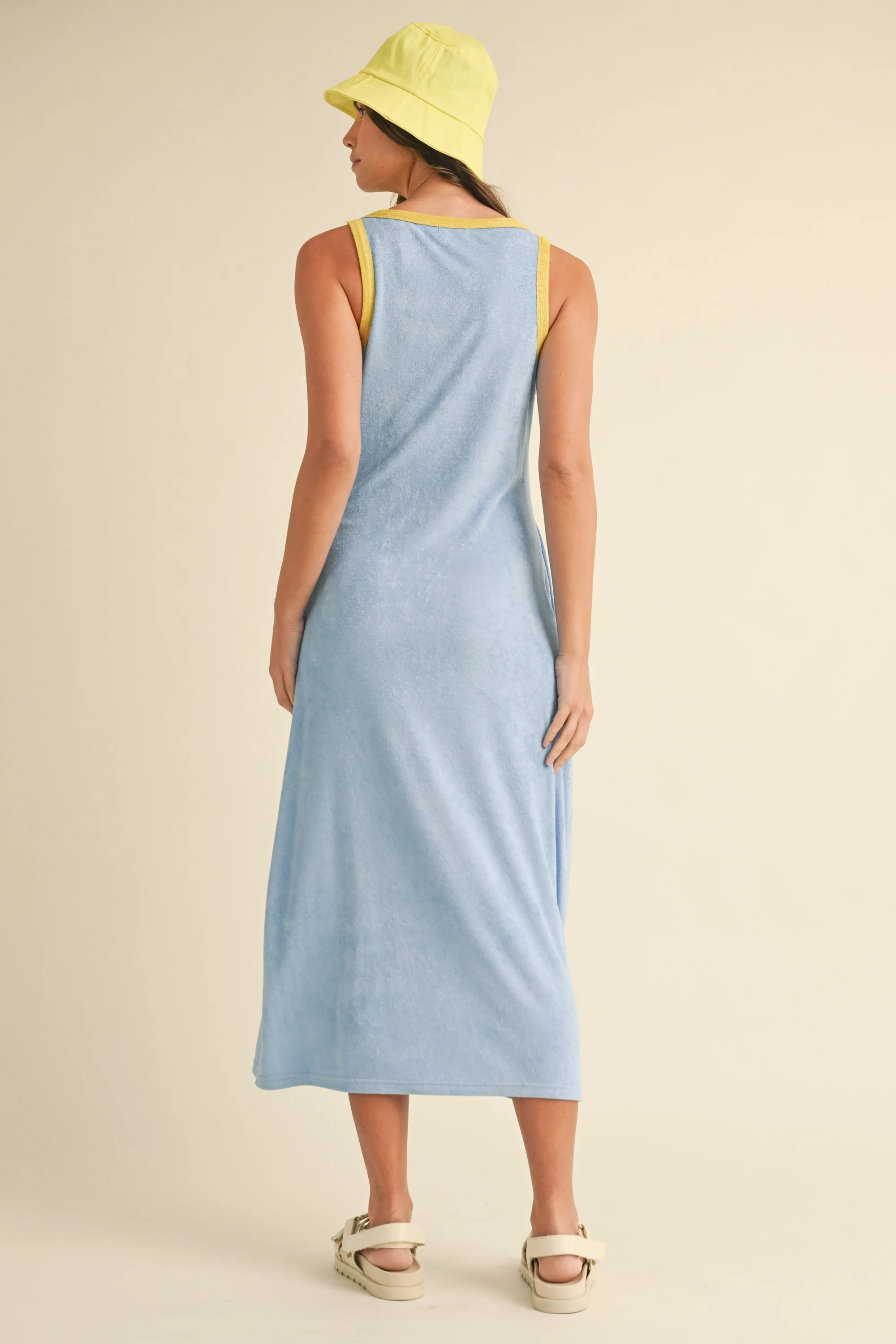 Light Blue Contrast Trim Terry Knit Sleeveless Dress - Image 4