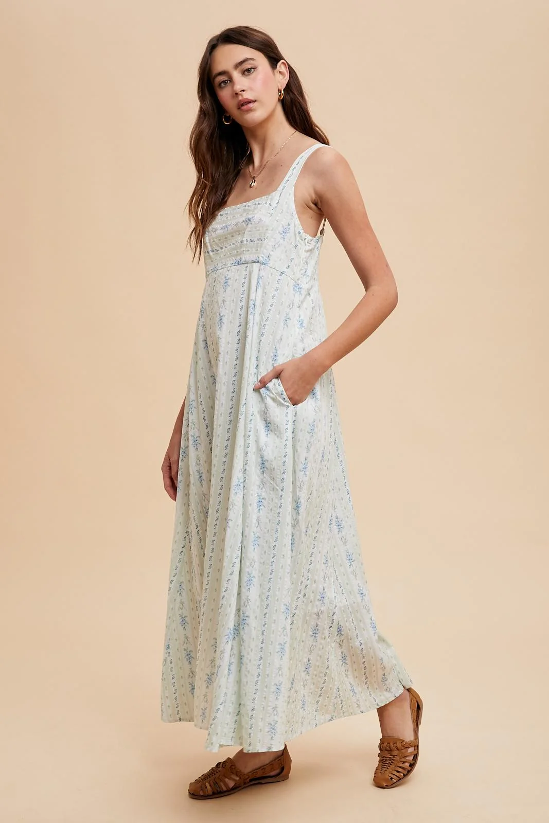 Light Blue Cotton Floral Square Neck Sleeveless Maxi Dress - Image 3