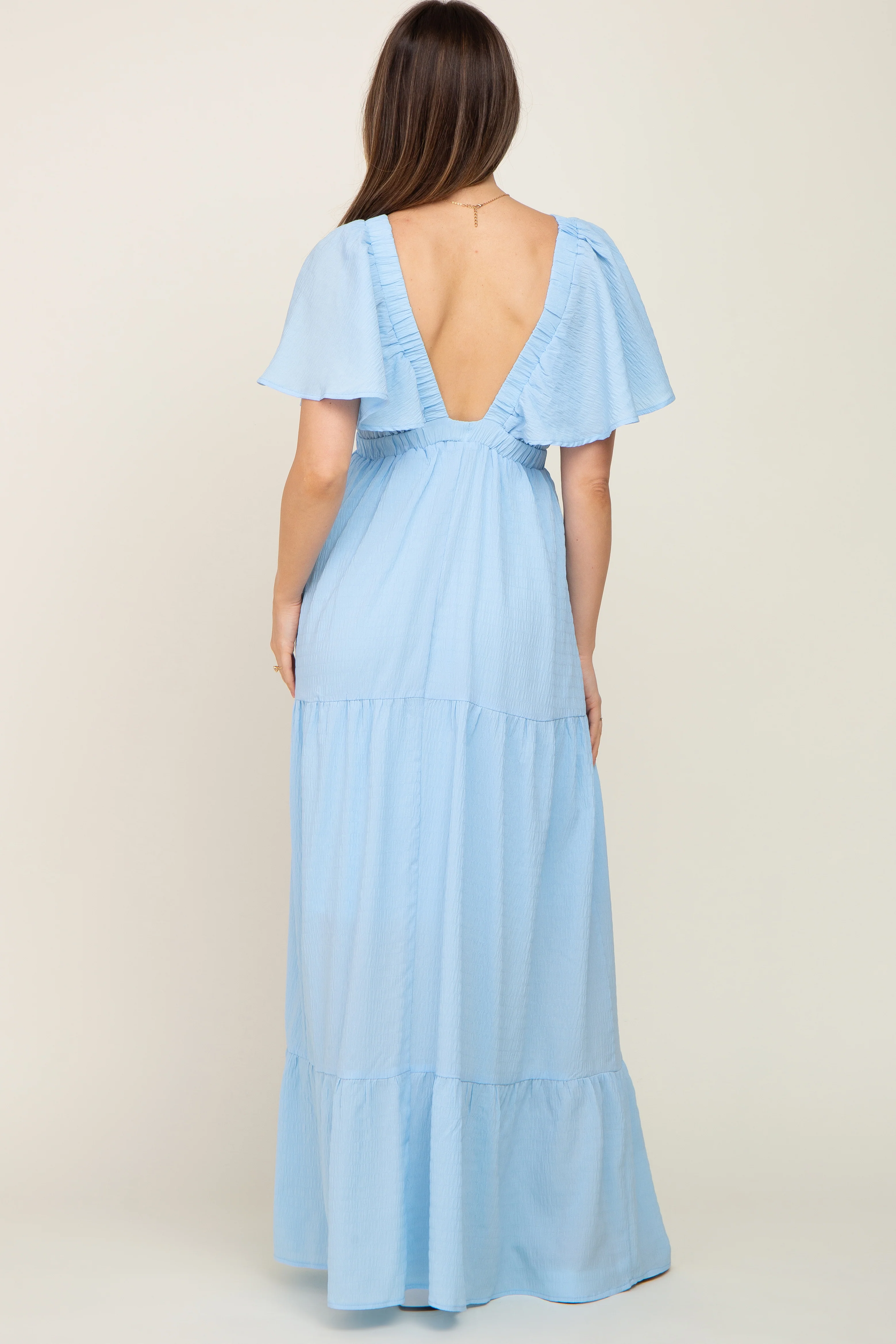 Light Blue Crepe Flounce Sleeve Tiered Maternity Maxi Dress - Image 3