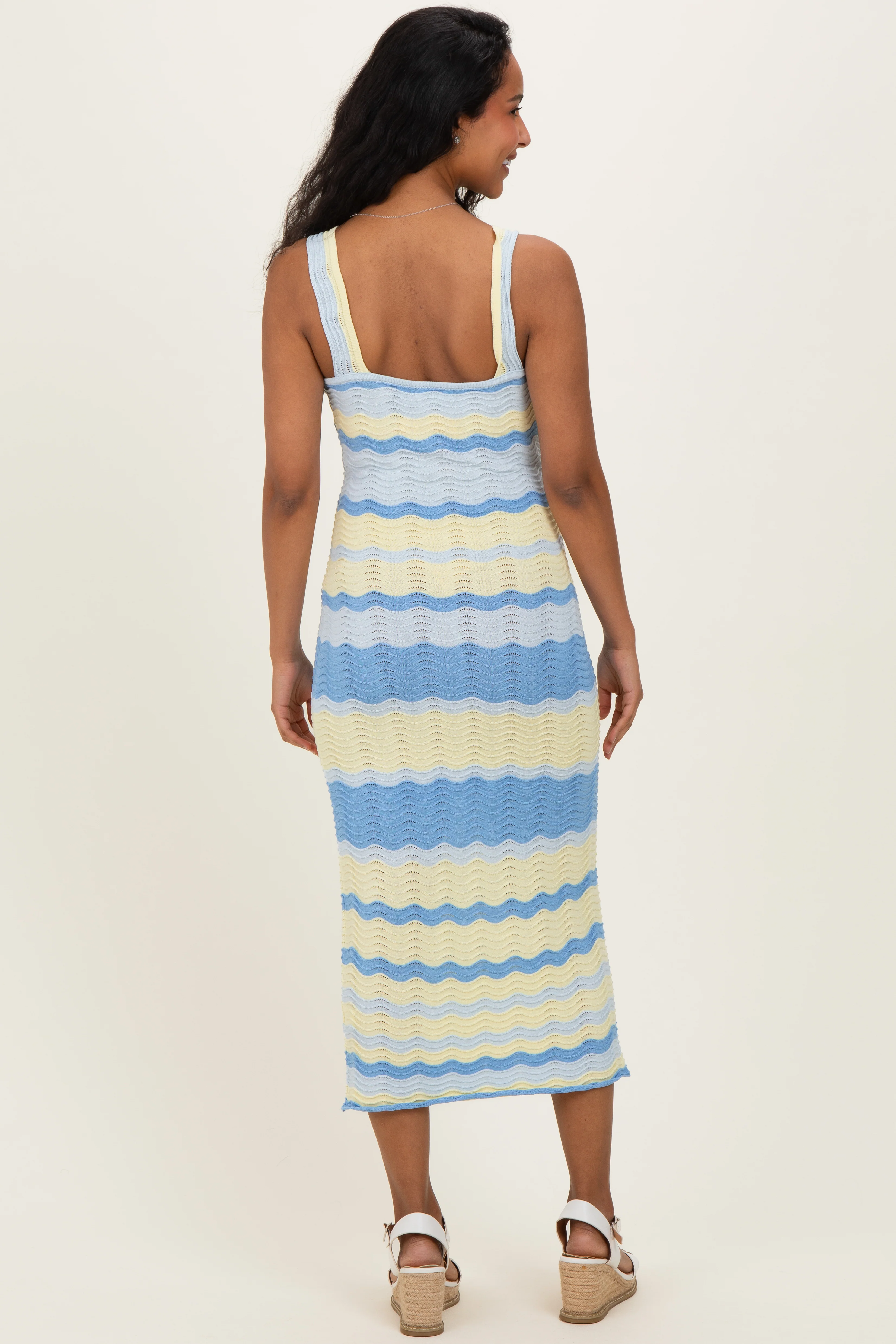 Light Blue Crochet Knit Striped Maternity Tank Dress - Image 3