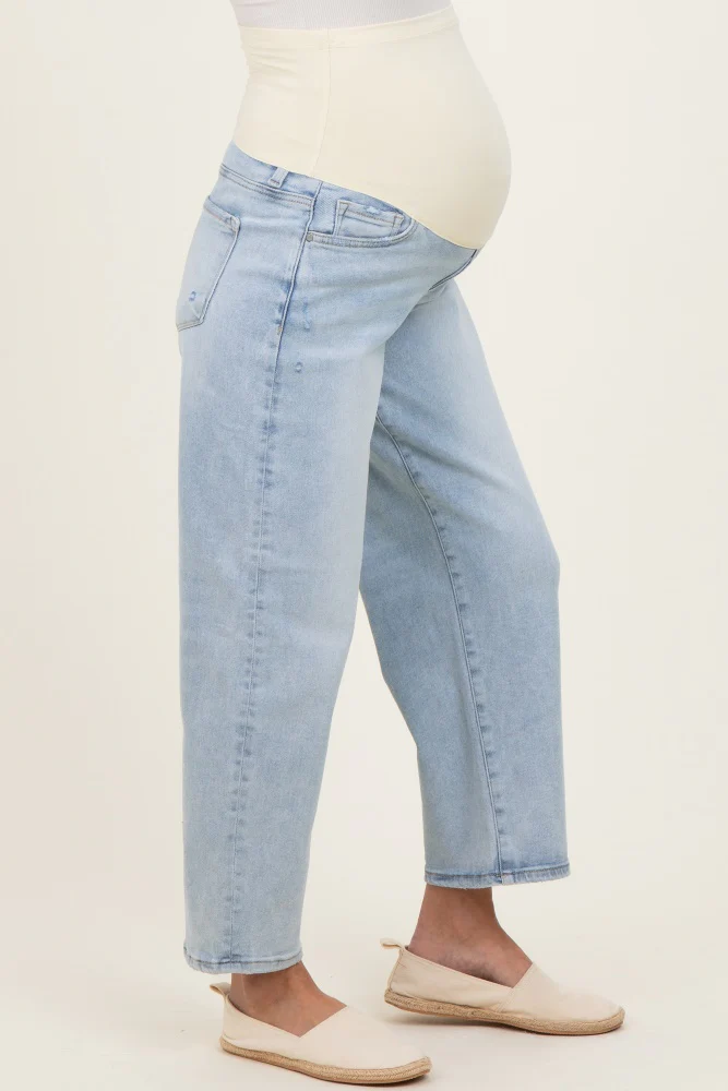 Light Blue Cropped Barrel Leg Maternity Jeans - Image 5