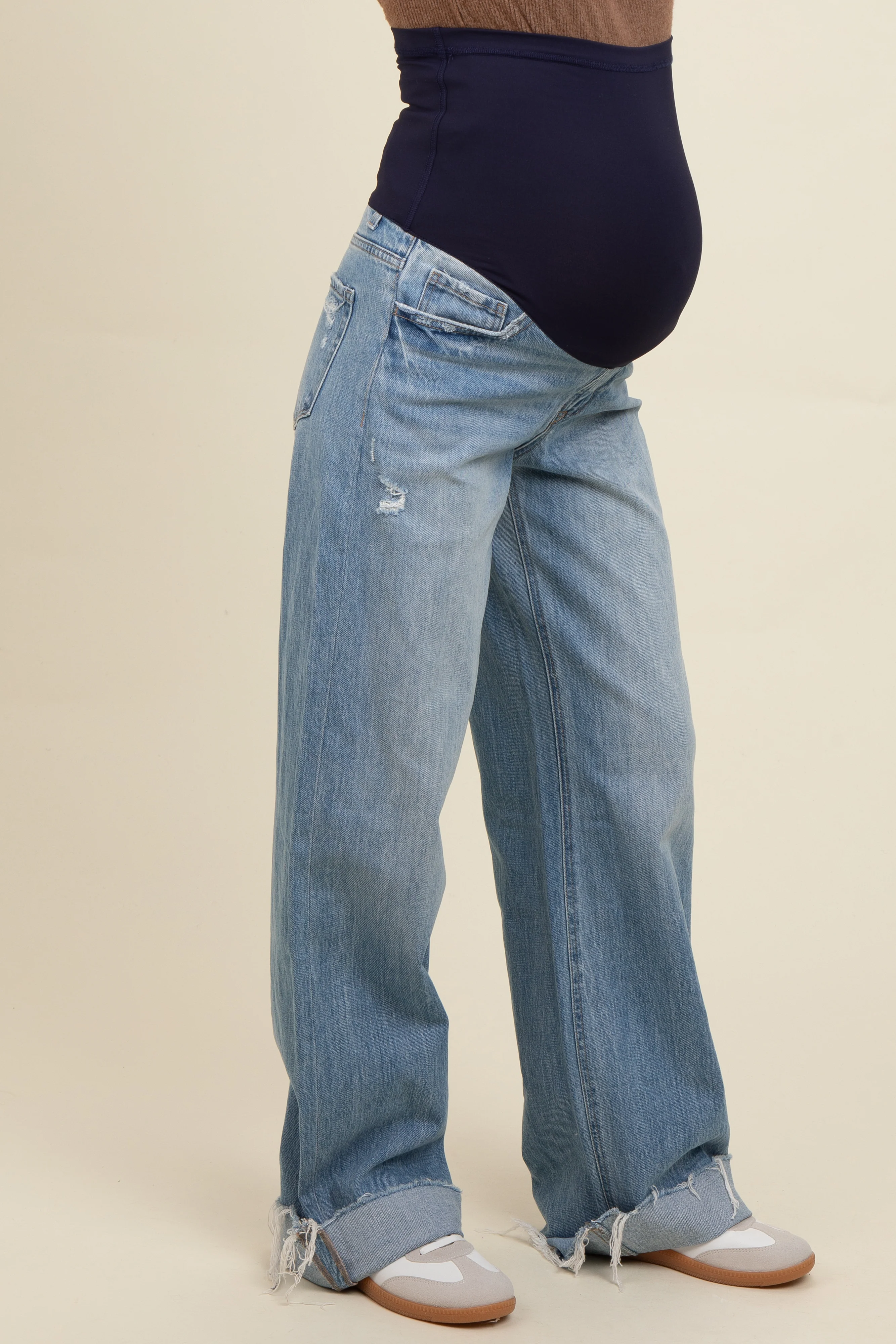Light Blue Cuffed Baggy Wide Leg Maternity Jeans - Image 3