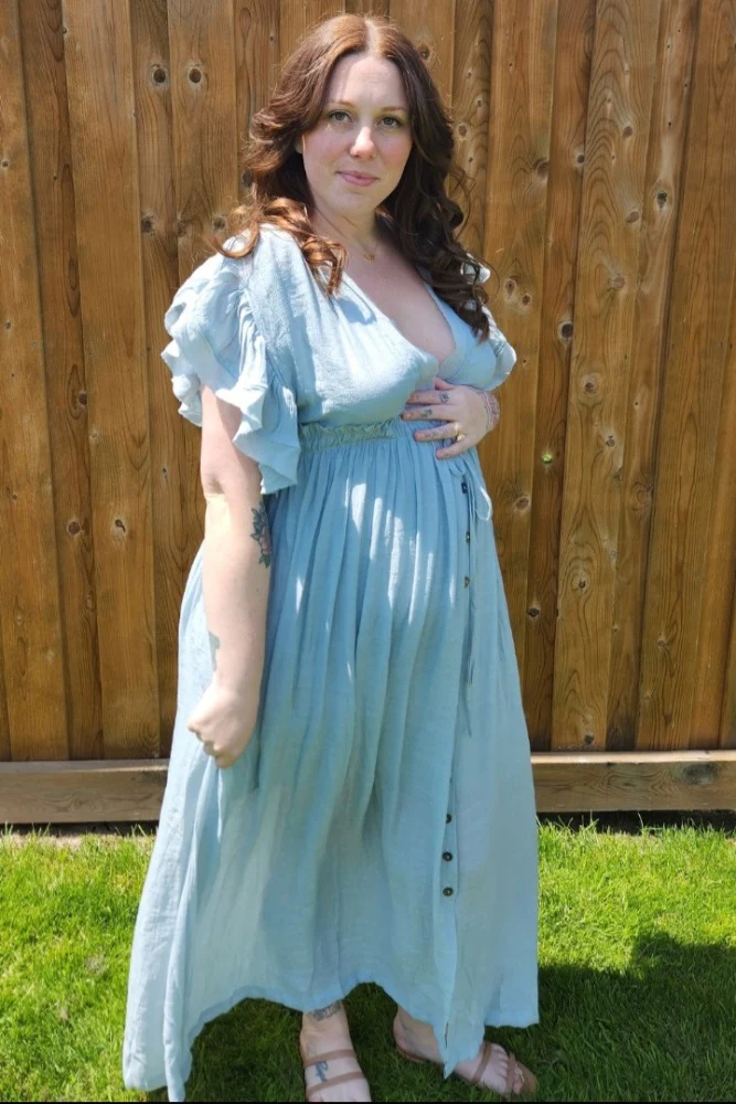 Light Blue Deep V-Neck Button Down Maternity Maxi Dress - Image 10