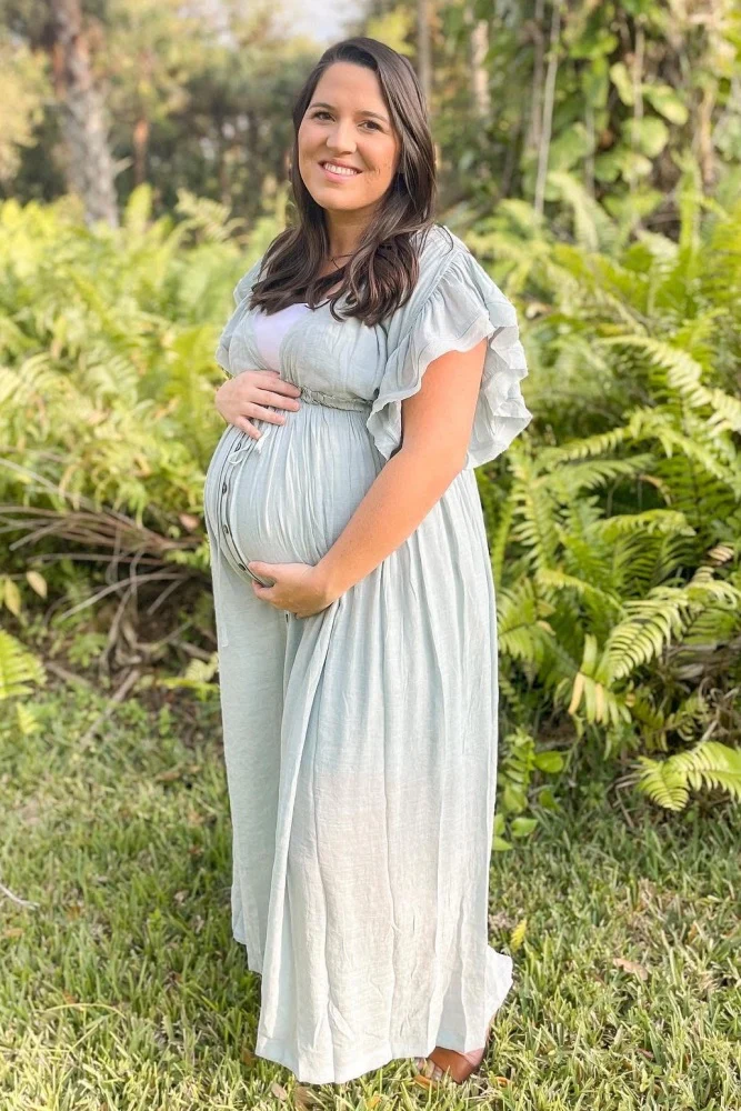 Light Blue Deep V-Neck Button Down Maternity Maxi Dress - Image 12