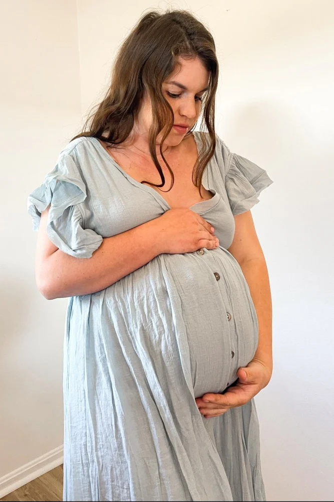 Light Blue Deep V-Neck Button Down Maternity Maxi Dress - Image 15