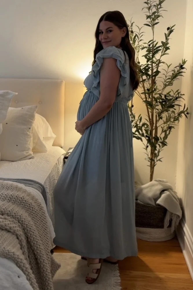 Light Blue Deep V-Neck Button Down Maternity Maxi Dress - Image 16