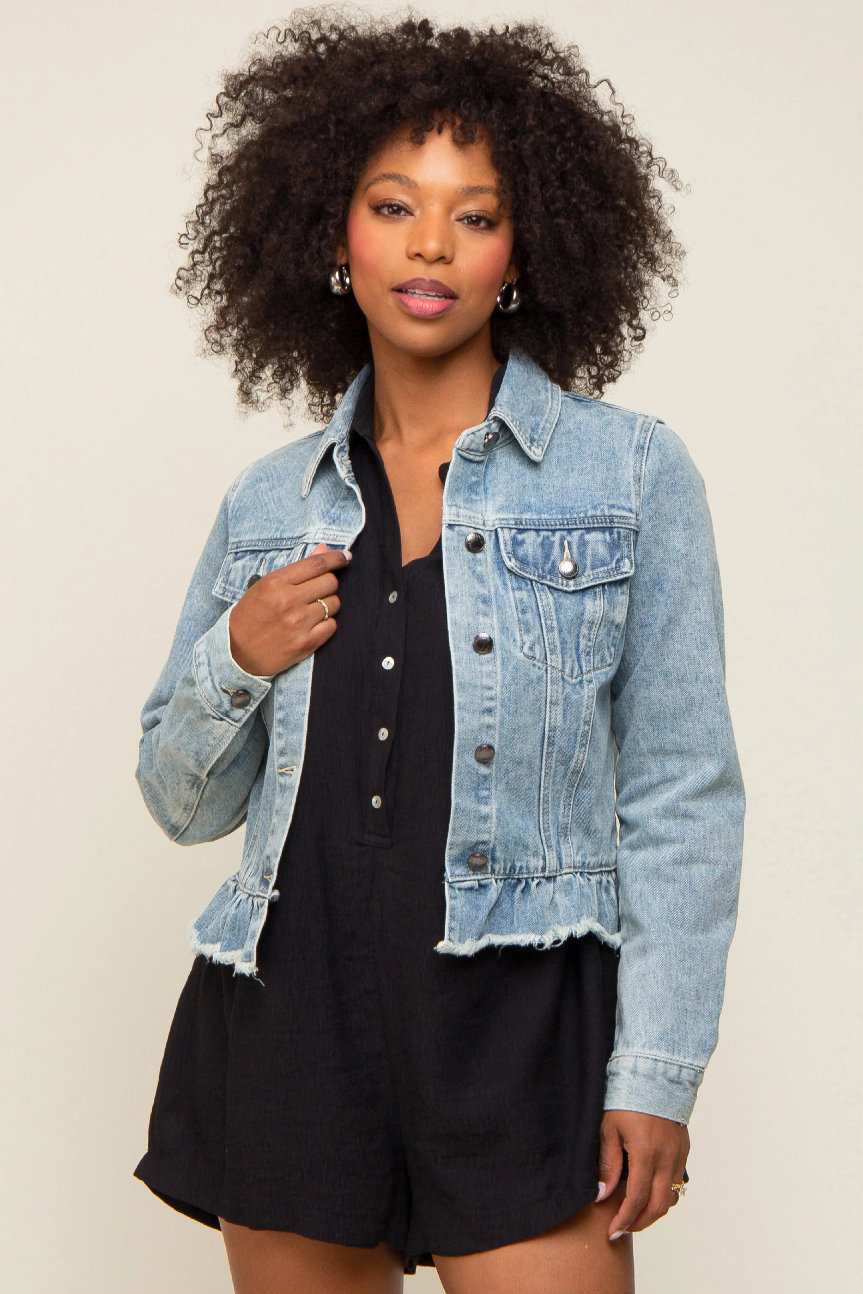 Light Blue Denim Ruffle Trim Maternity Jacket - Image 7