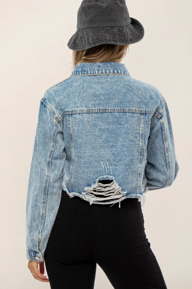 Light Blue Distressed Cropped Maternity Denim Jacket - Image 3