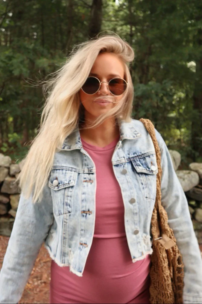 Light Blue Distressed Cropped Maternity Denim Jacket - Image 5