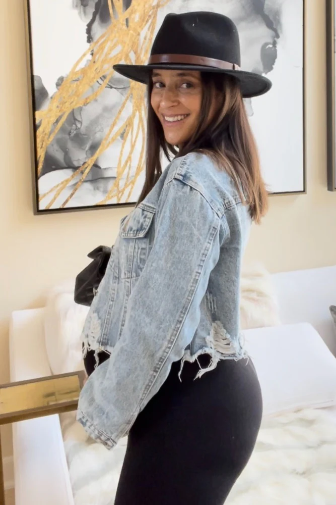 Light Blue Distressed Cropped Maternity Denim Jacket - Image 8