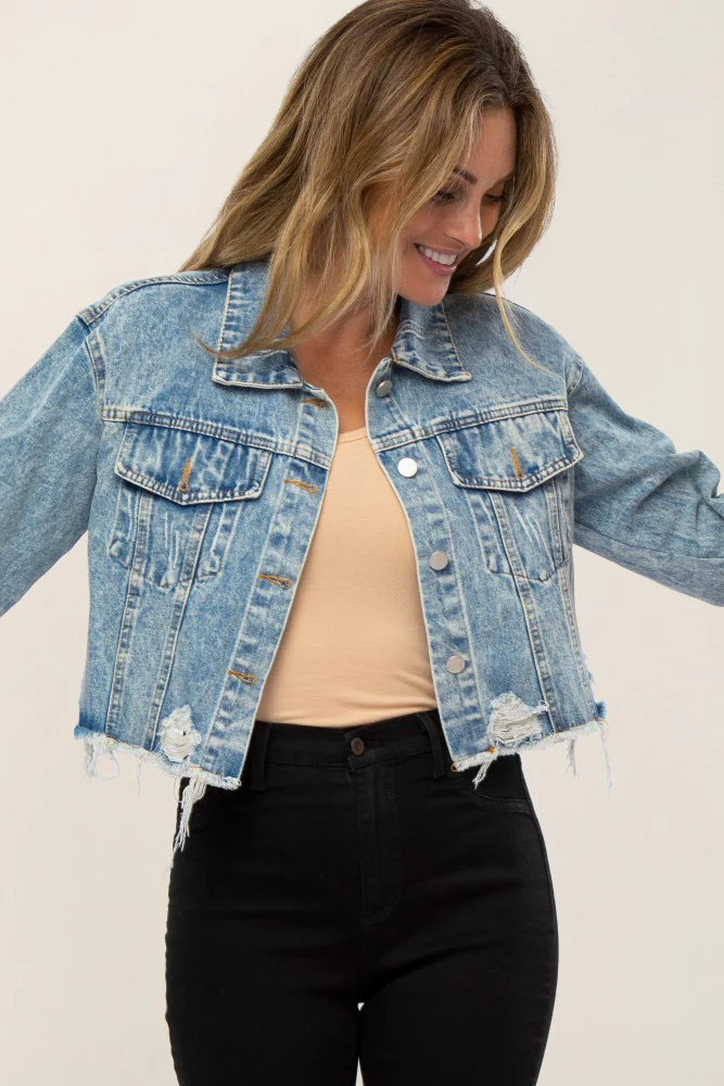 Light Blue Distressed Cropped Maternity Denim Jacket - Image 9