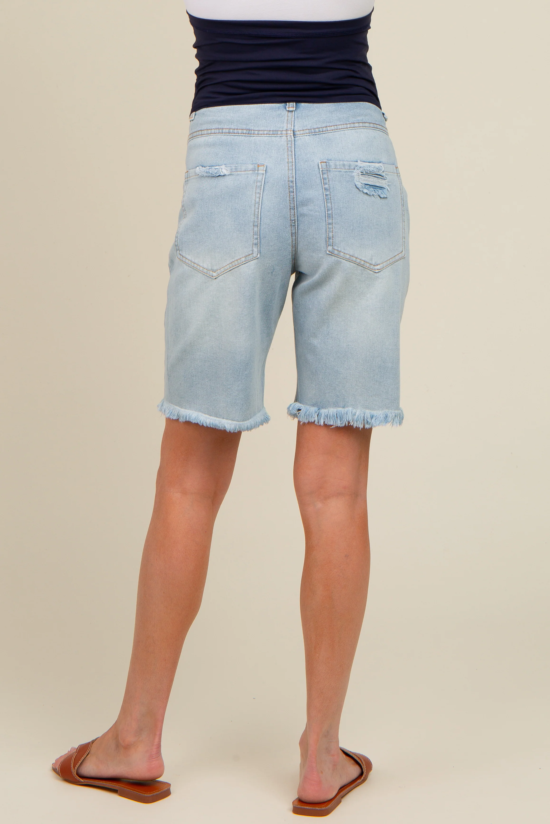 Light Blue Distressed Denim Bermuda Maternity Shorts - Image 5