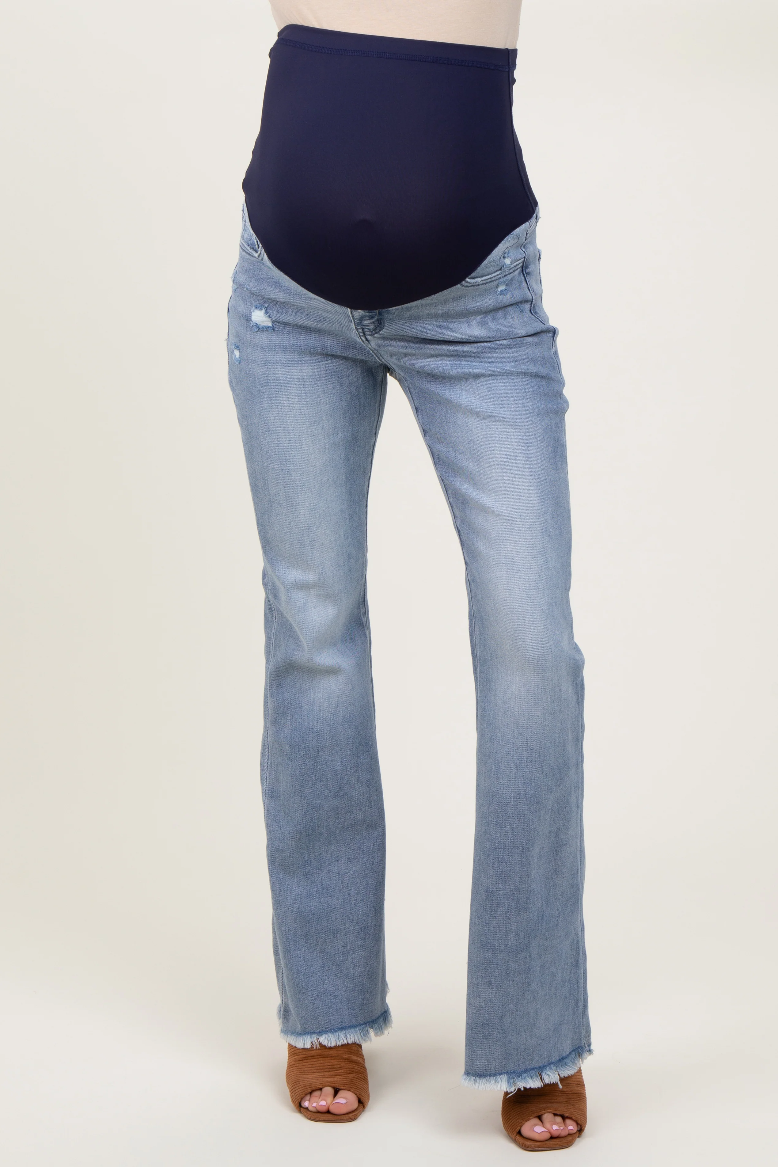 Light Blue Distressed Fringe Hem Flare Leg Maternity Jeans - Image 3