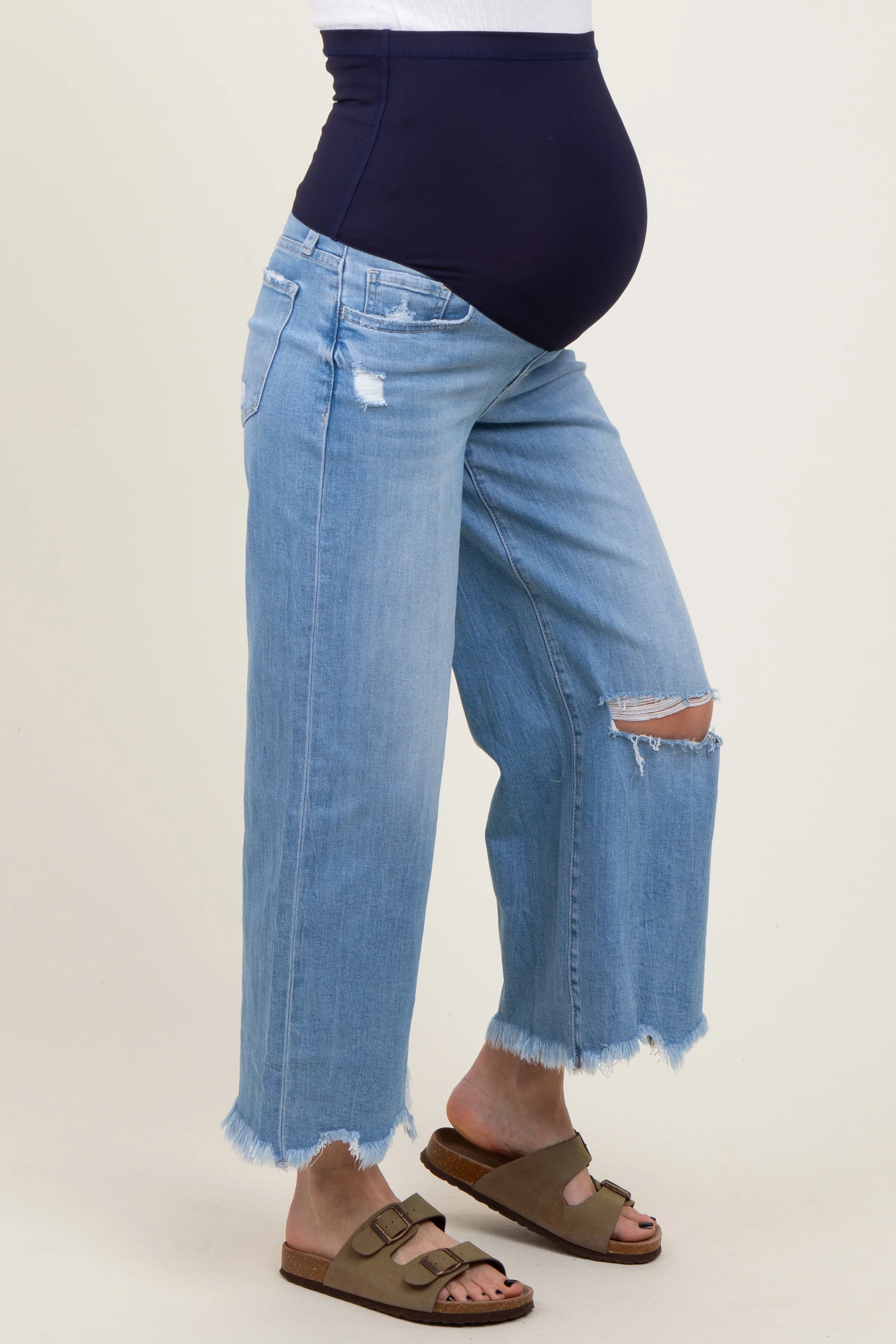 Light Blue Distressed Hem Open Knee Cropped Wide Leg Maternity Jeans - Image 4