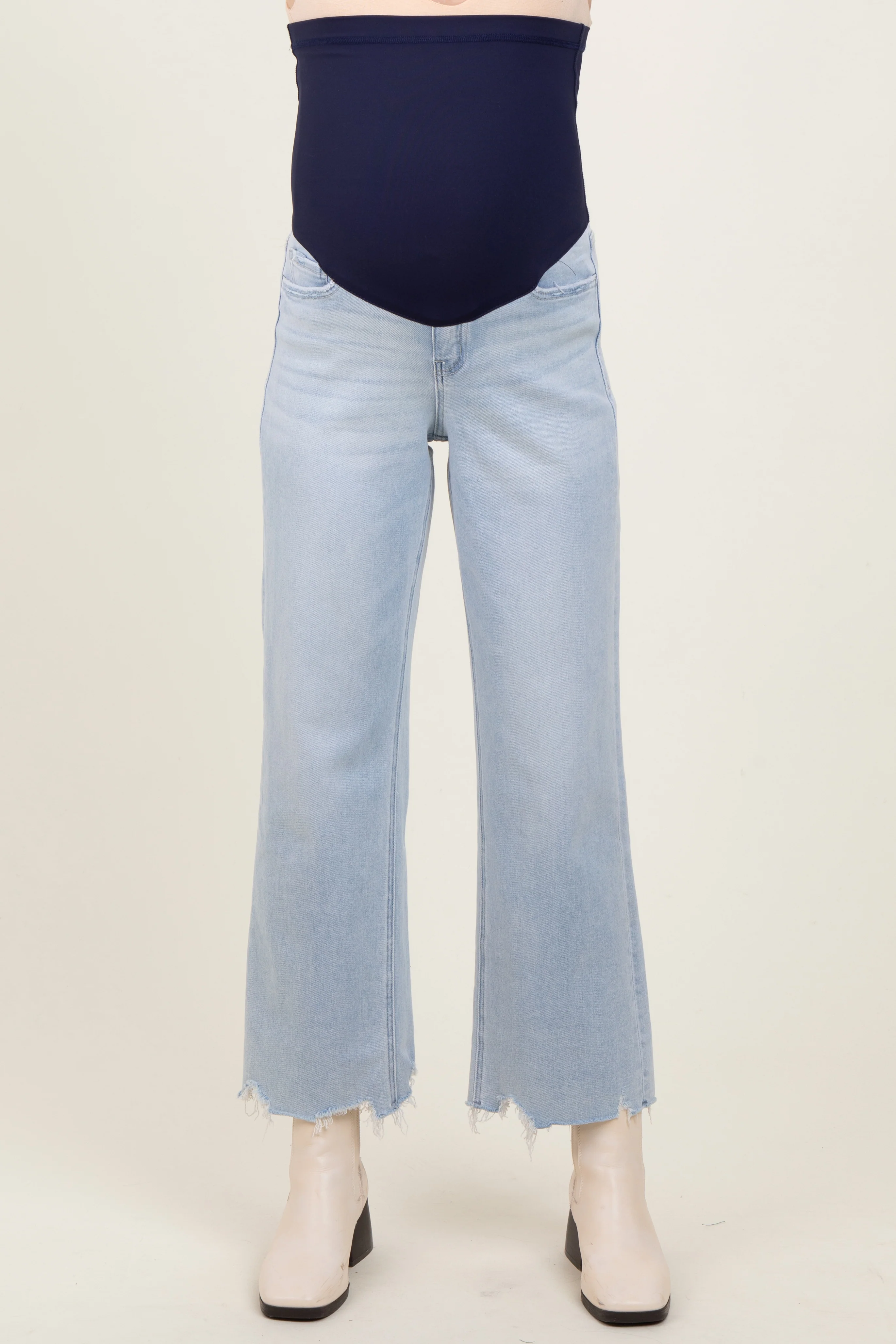 Light Blue Distressed Hem Slim Wide Leg Maternity Jeans - Image 3