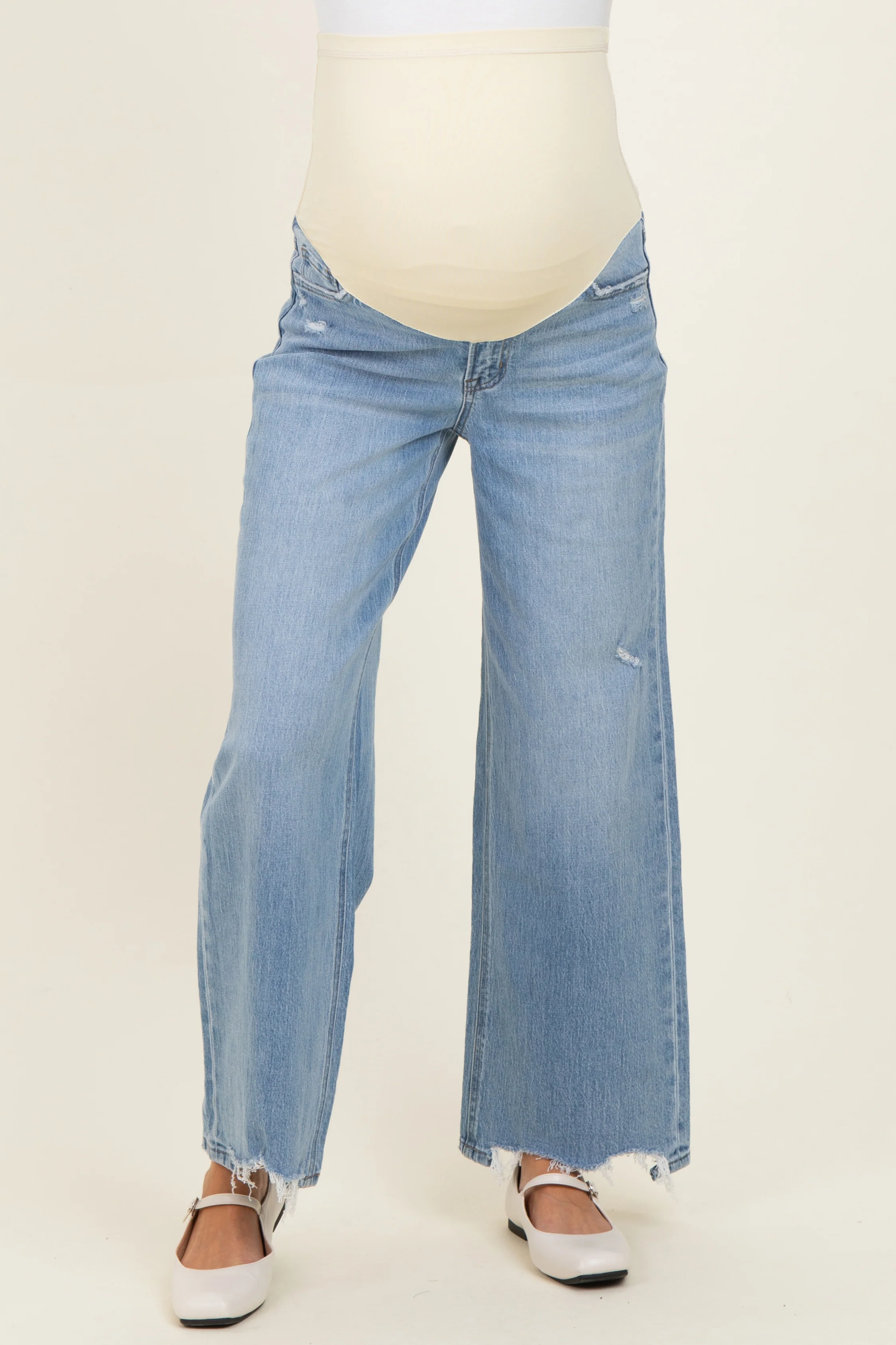 Light Blue Distressed Hem Wide Leg Maternity Jeans - Image 2