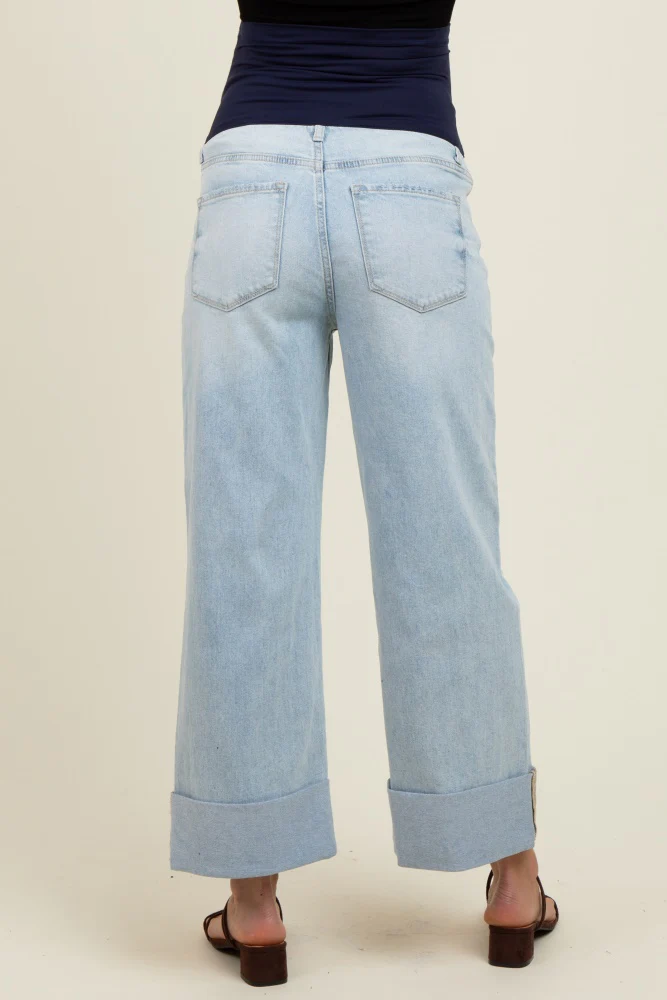Light Blue Distressed Knee Cropped Cuffed Baggy Wide Leg Maternity Jeans - Image 4
