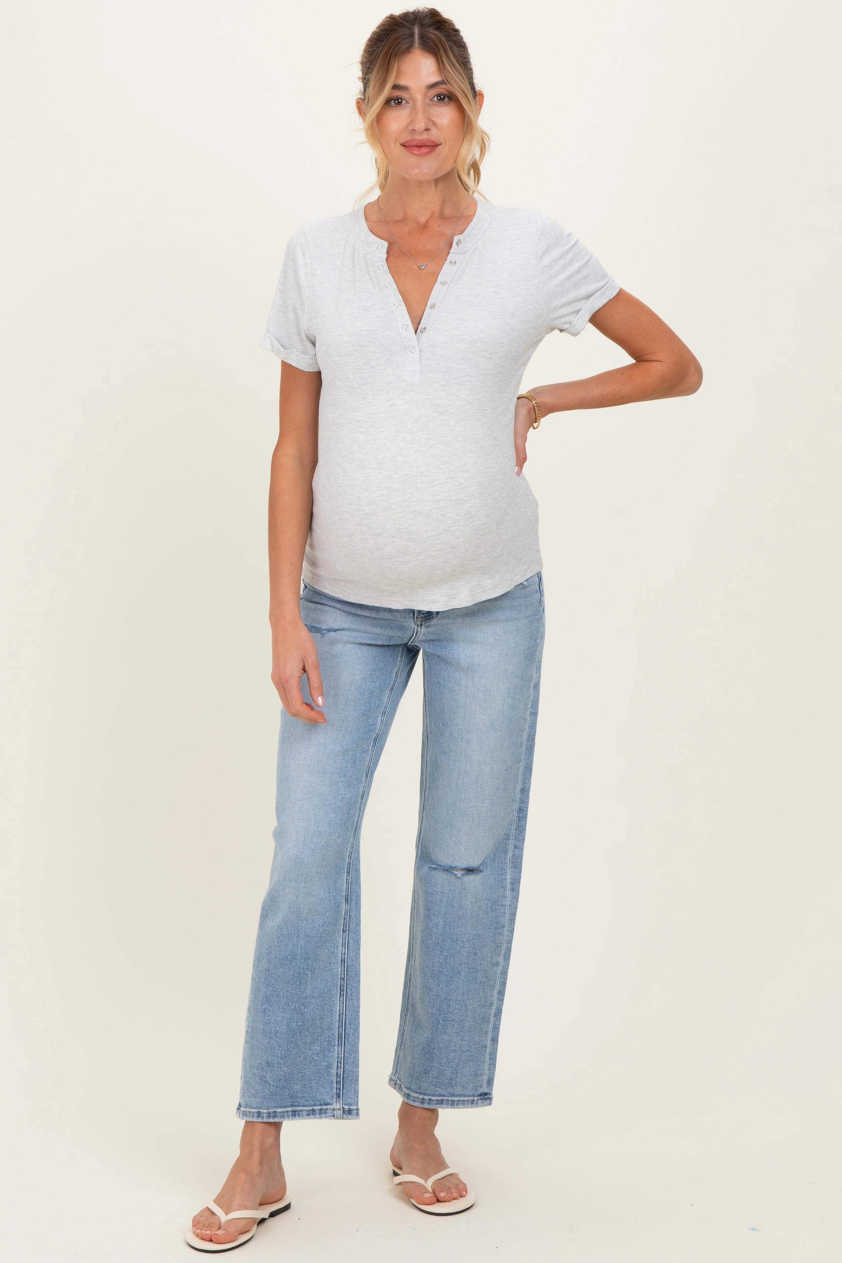 Light Blue Distressed Open Knee Ankle Straight Leg Maternity Jeans