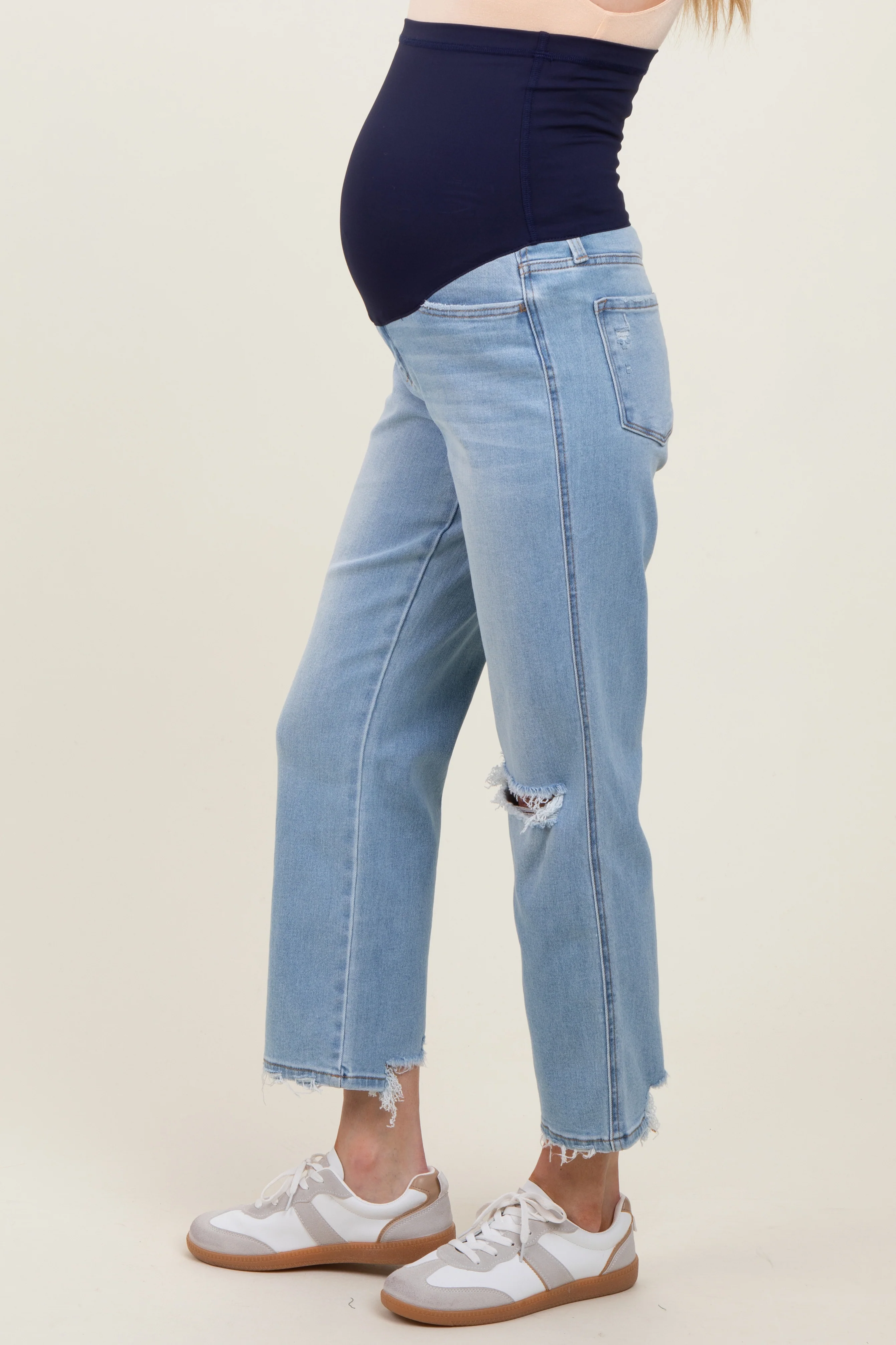 Light Blue Distressed Open Knee Maternity Straight Leg Jeans - Image 4
