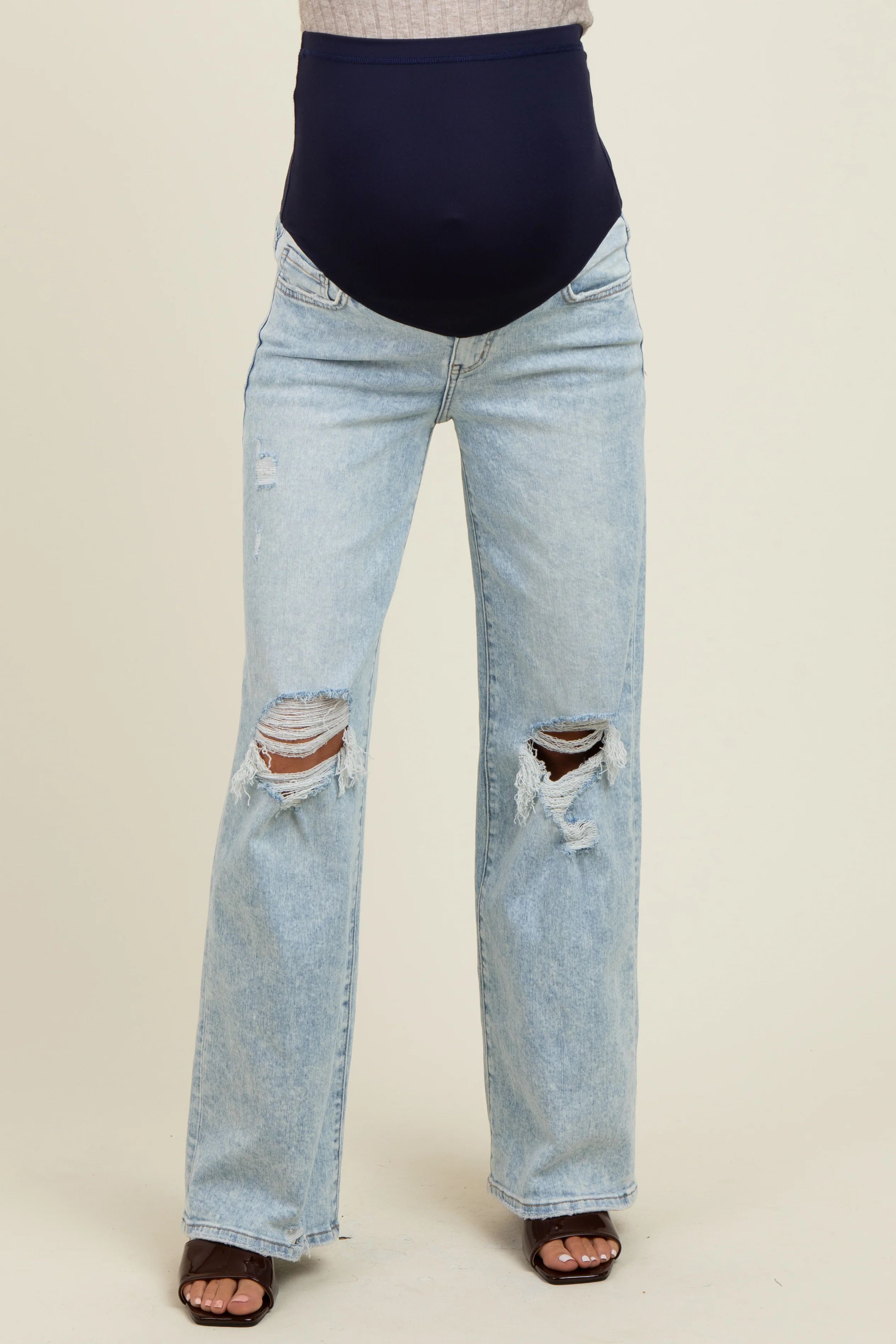 Light Blue Distressed Open Knee Wide Leg Maternity Jeans - Image 3