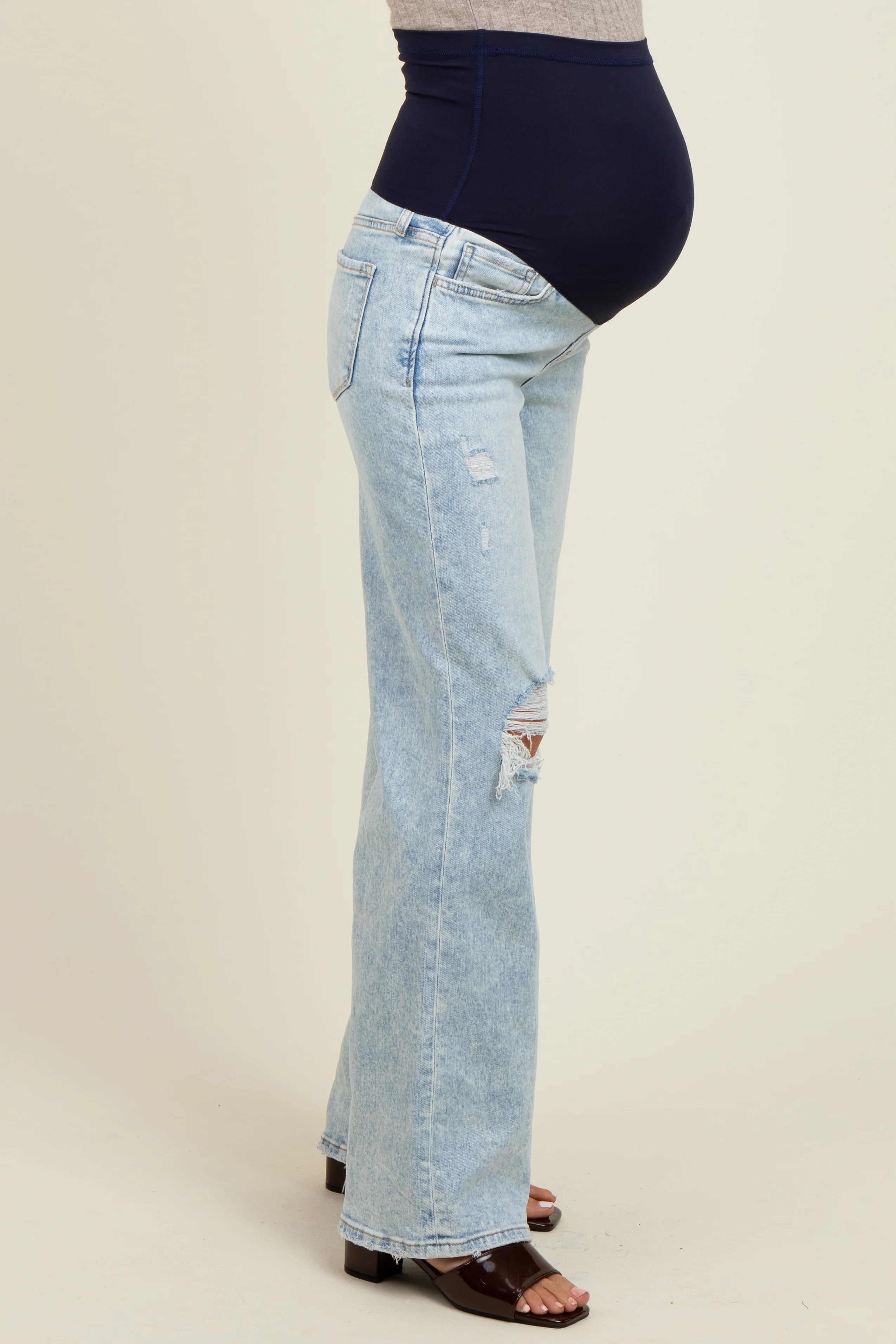 Light Blue Distressed Open Knee Wide Leg Maternity Jeans - Image 4