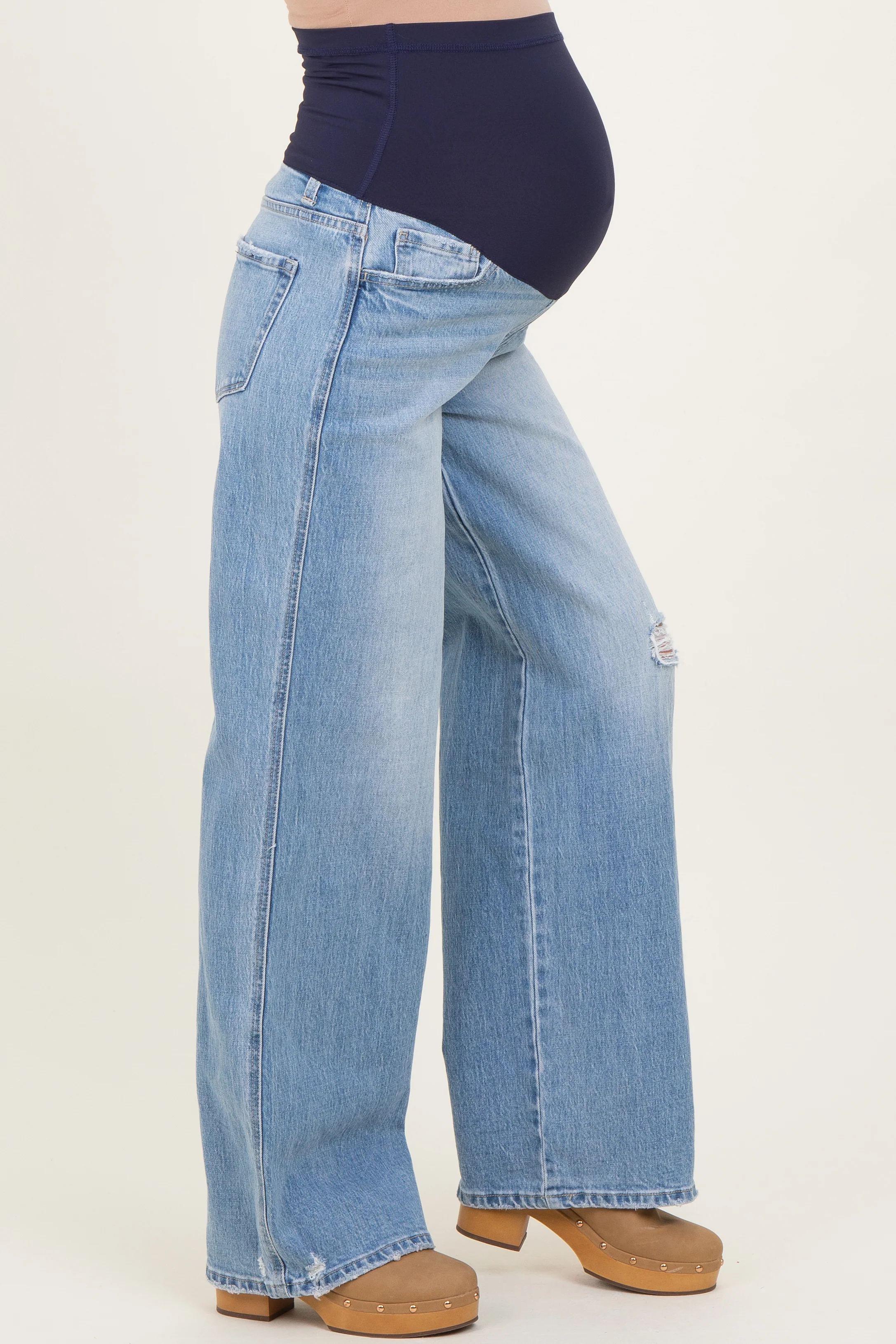 Light Blue Distressed Relaxed Wide Leg Maternity Jeans - Image 3