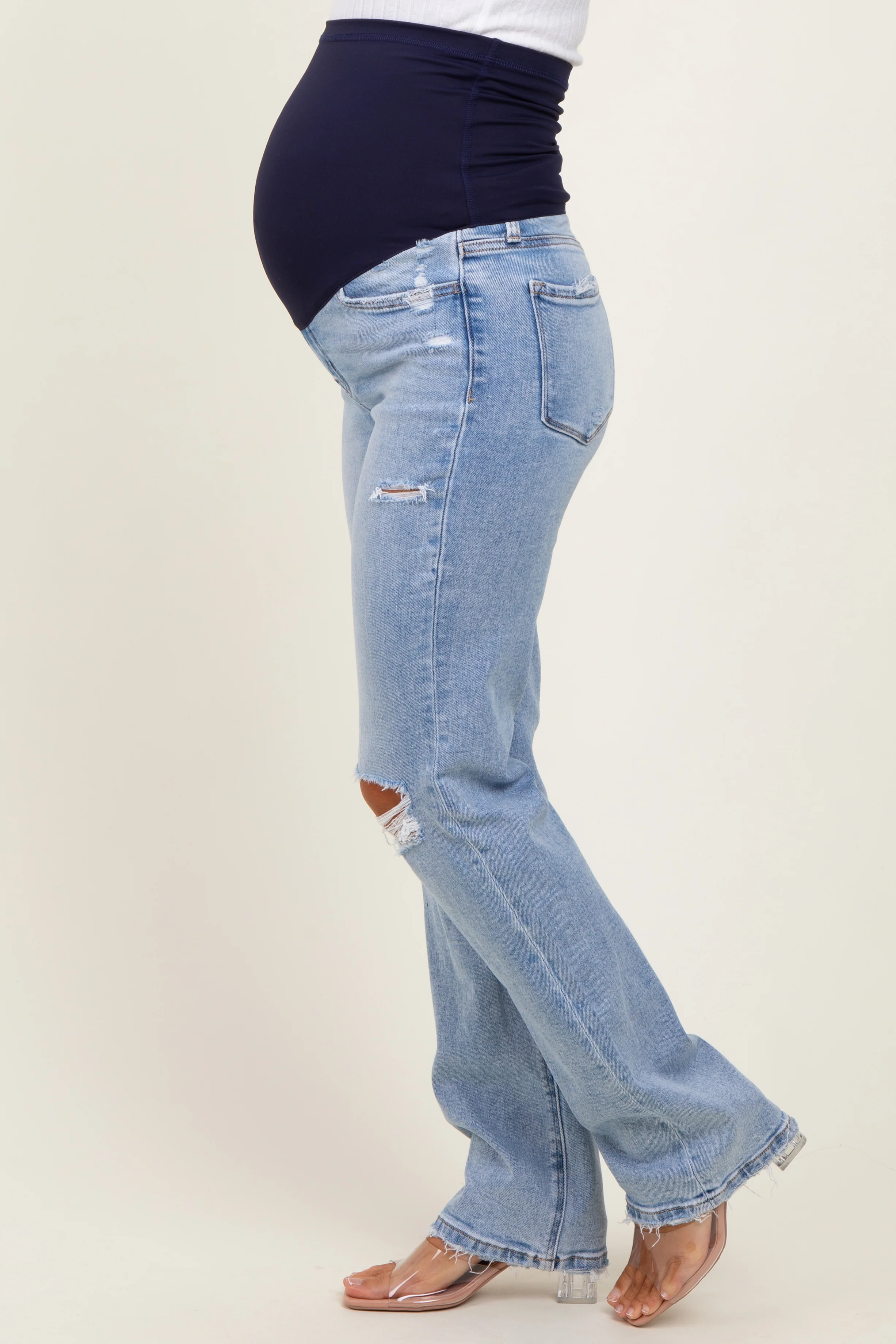 Light Blue Distressed Ripped Knee Straight Leg Maternity Jeans - Image 4
