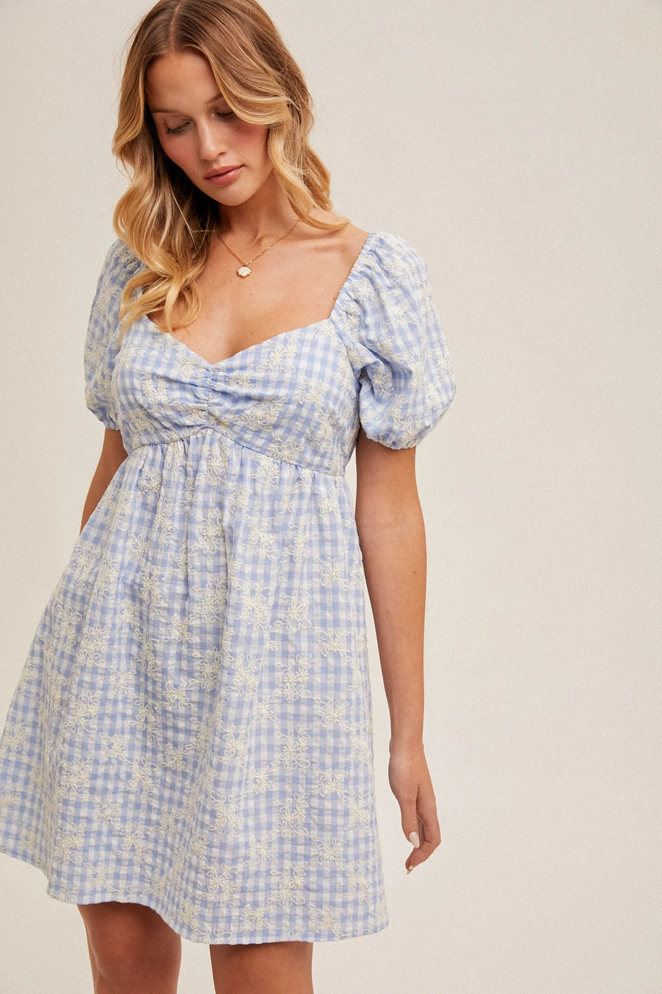 Light Blue Embroidered Gingham Sweetheart Neck Maternity Mini Dress - Image 3