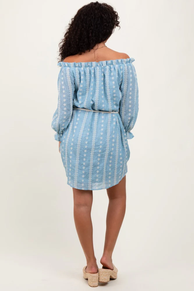 Light Blue Embroidered Off Shoulder Dress - Image 3