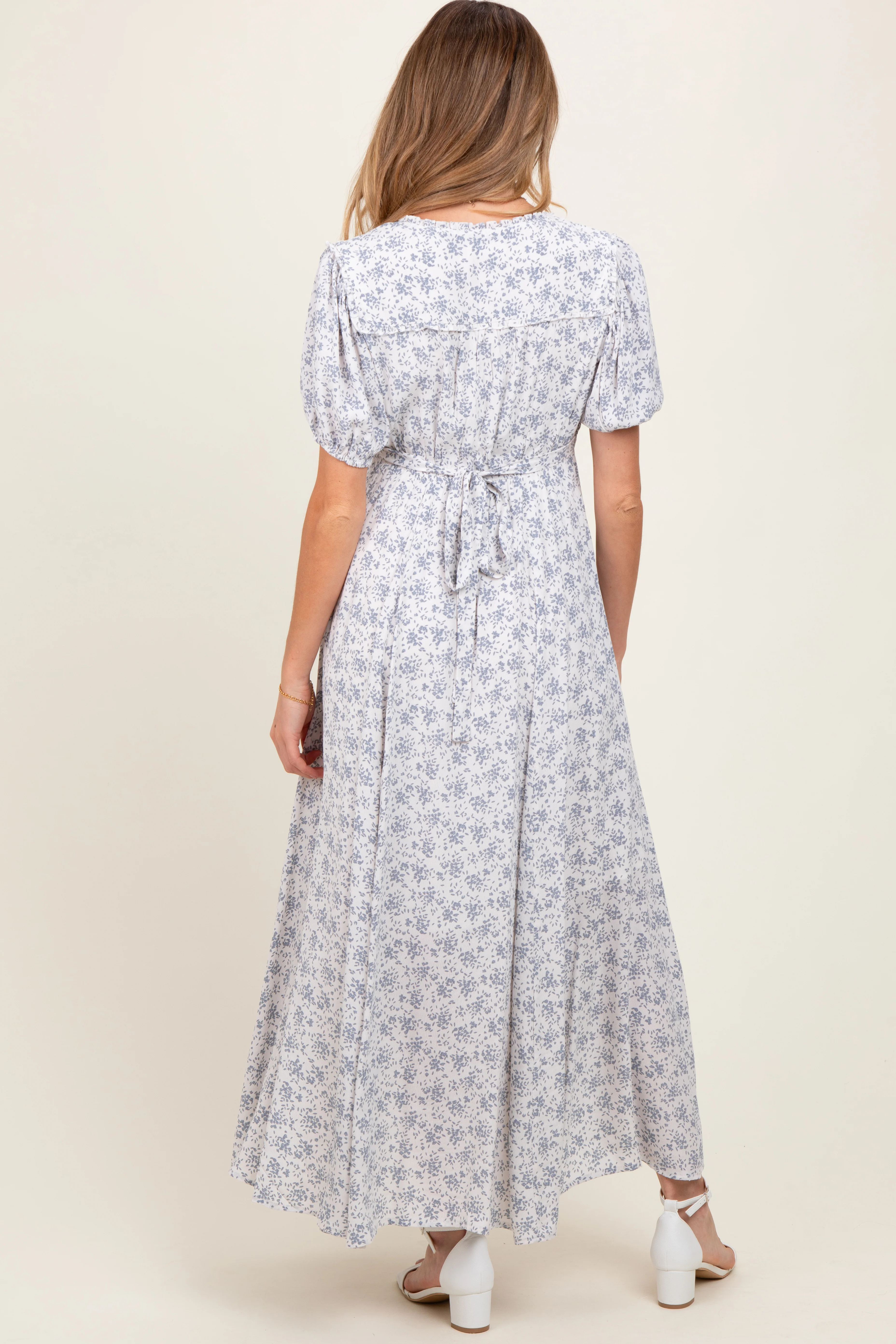 Light Blue Floral Button Down Maternity Dress - Image 4