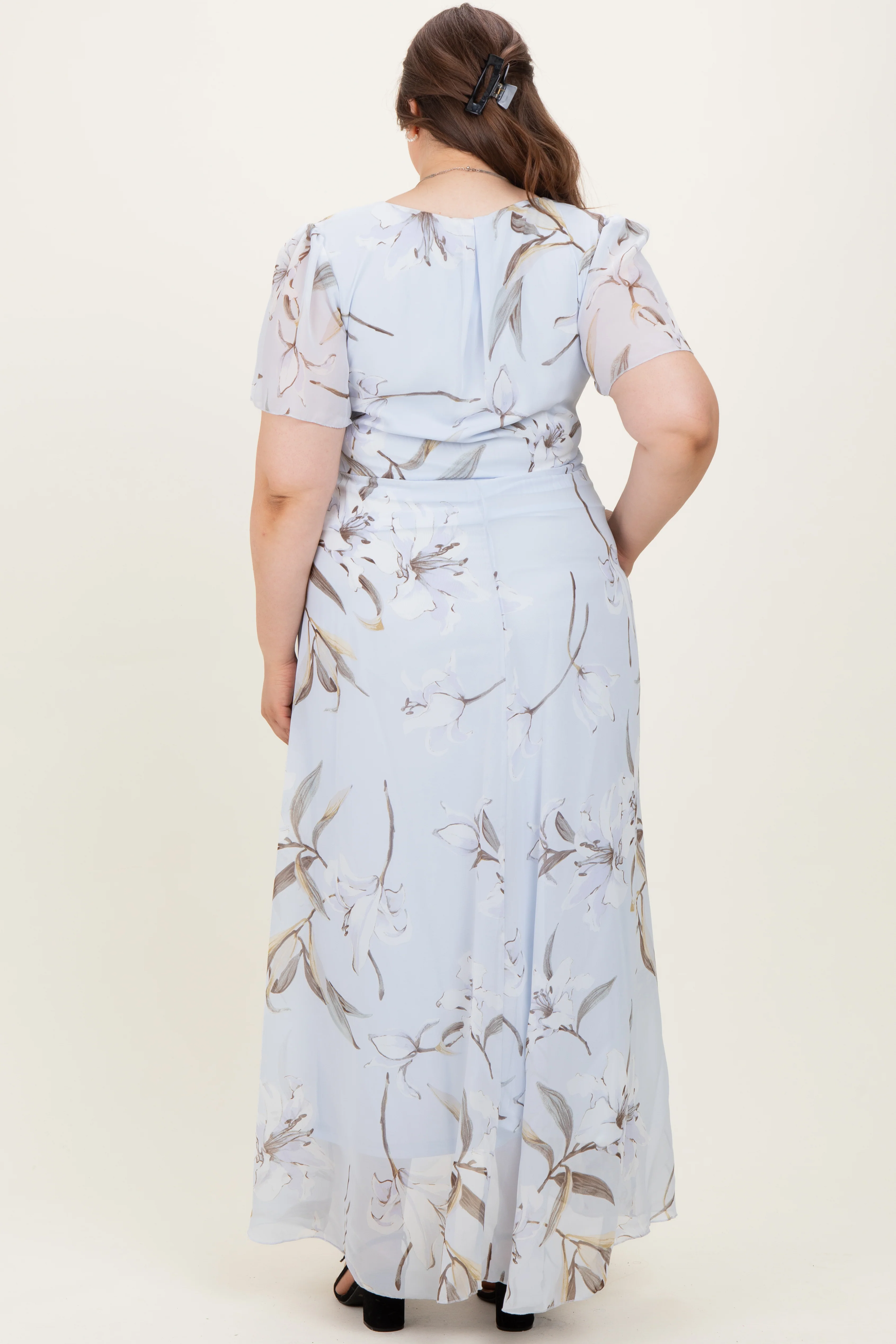 Light Blue Floral Chiffon Sash Tie Maternity Plus Maxi Dress - Image 3