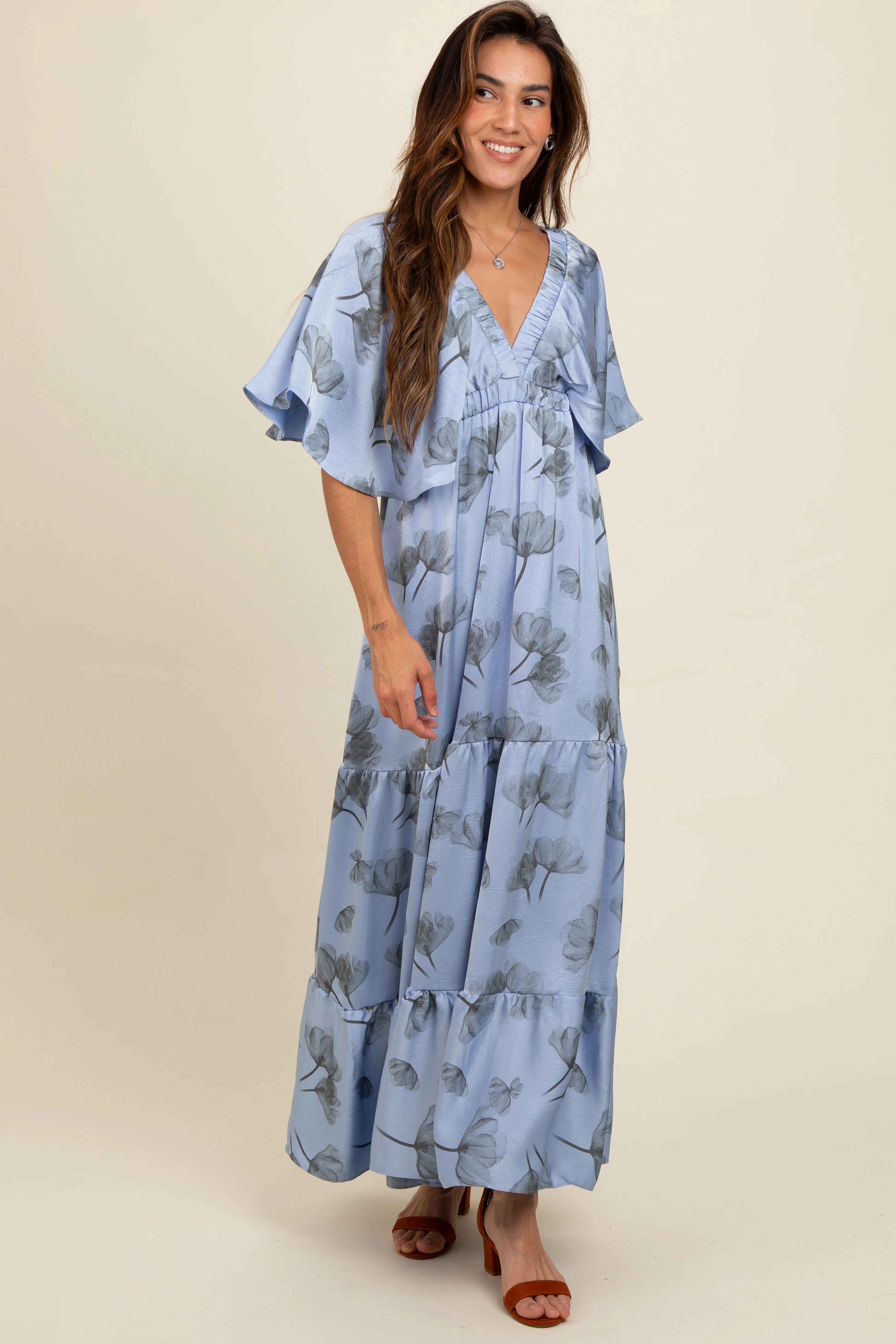 Light Blue Floral Deep V-Neck Maxi Dress - Image 2