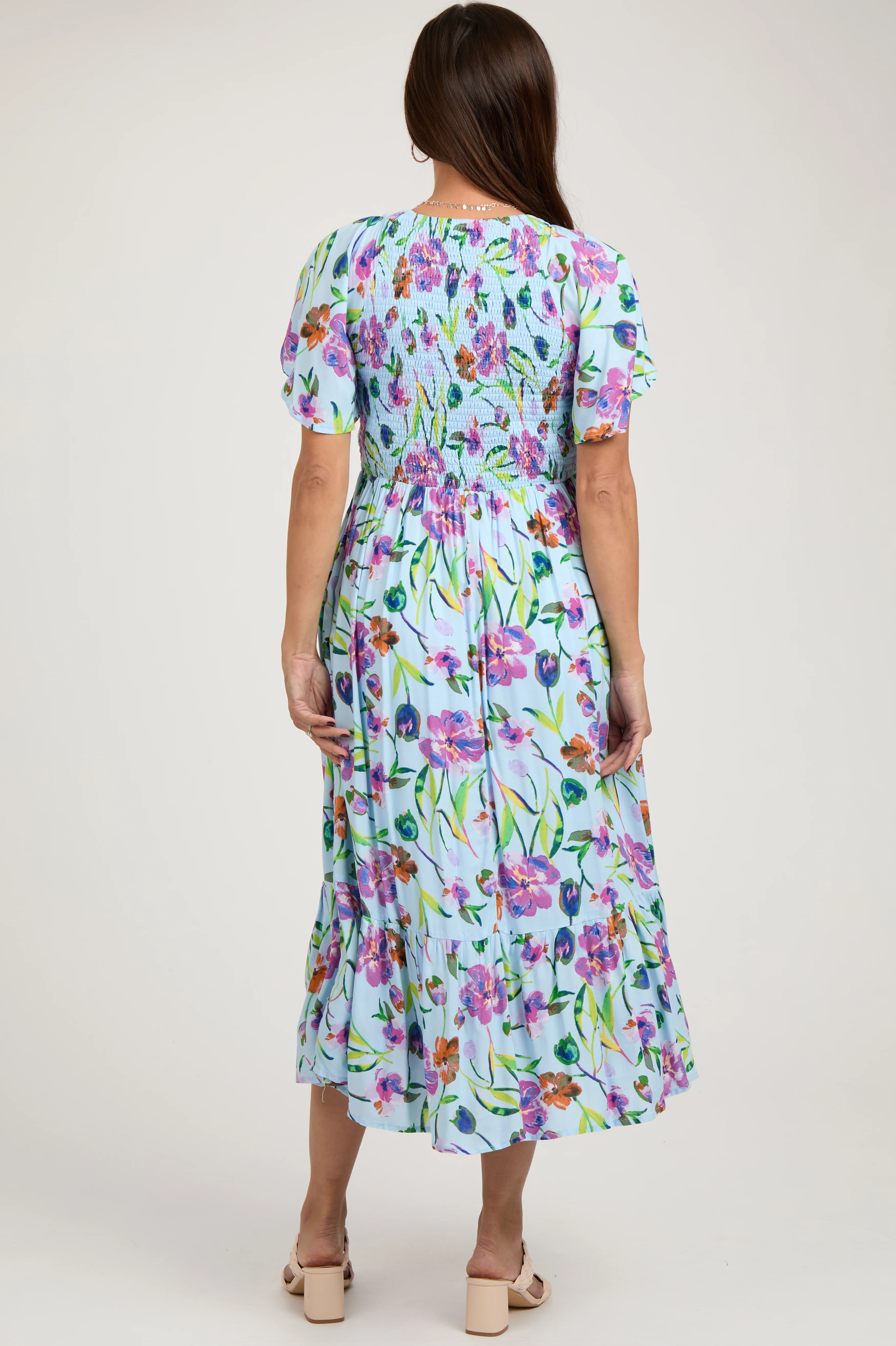 Light Blue Floral Flutter Sleeve Smocked Maternity Midi Dress - Image 3