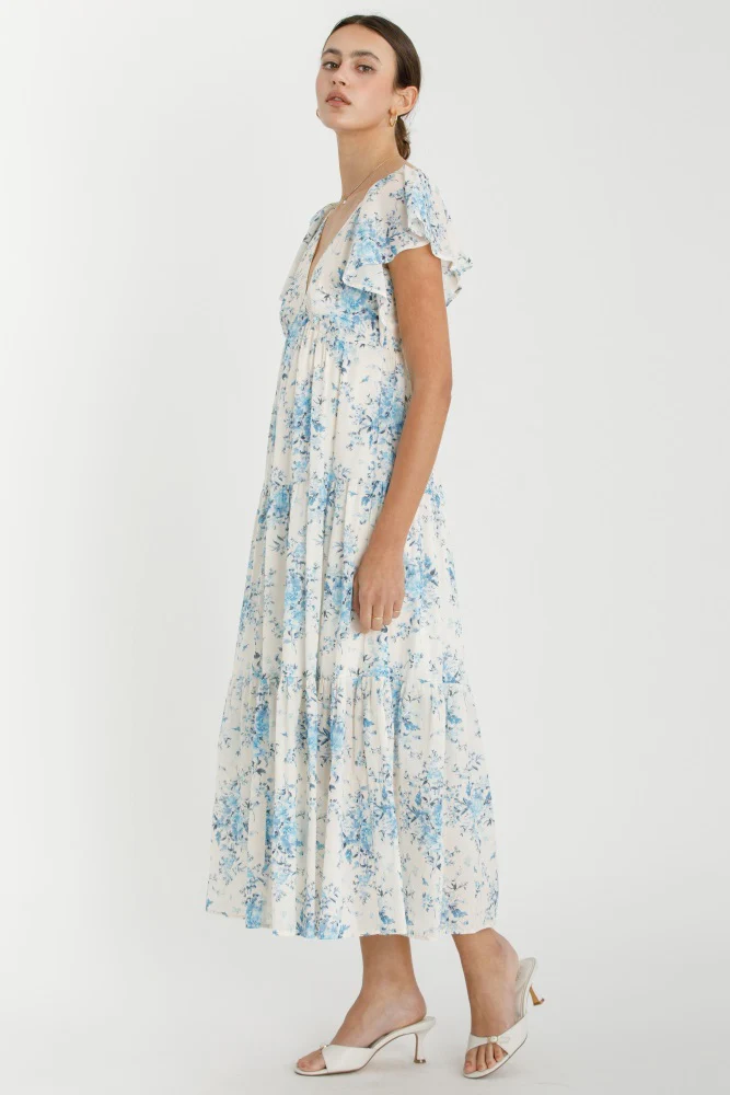 Light Blue Floral Flutter Sleeve Tiered Maxi Dress - Image 2