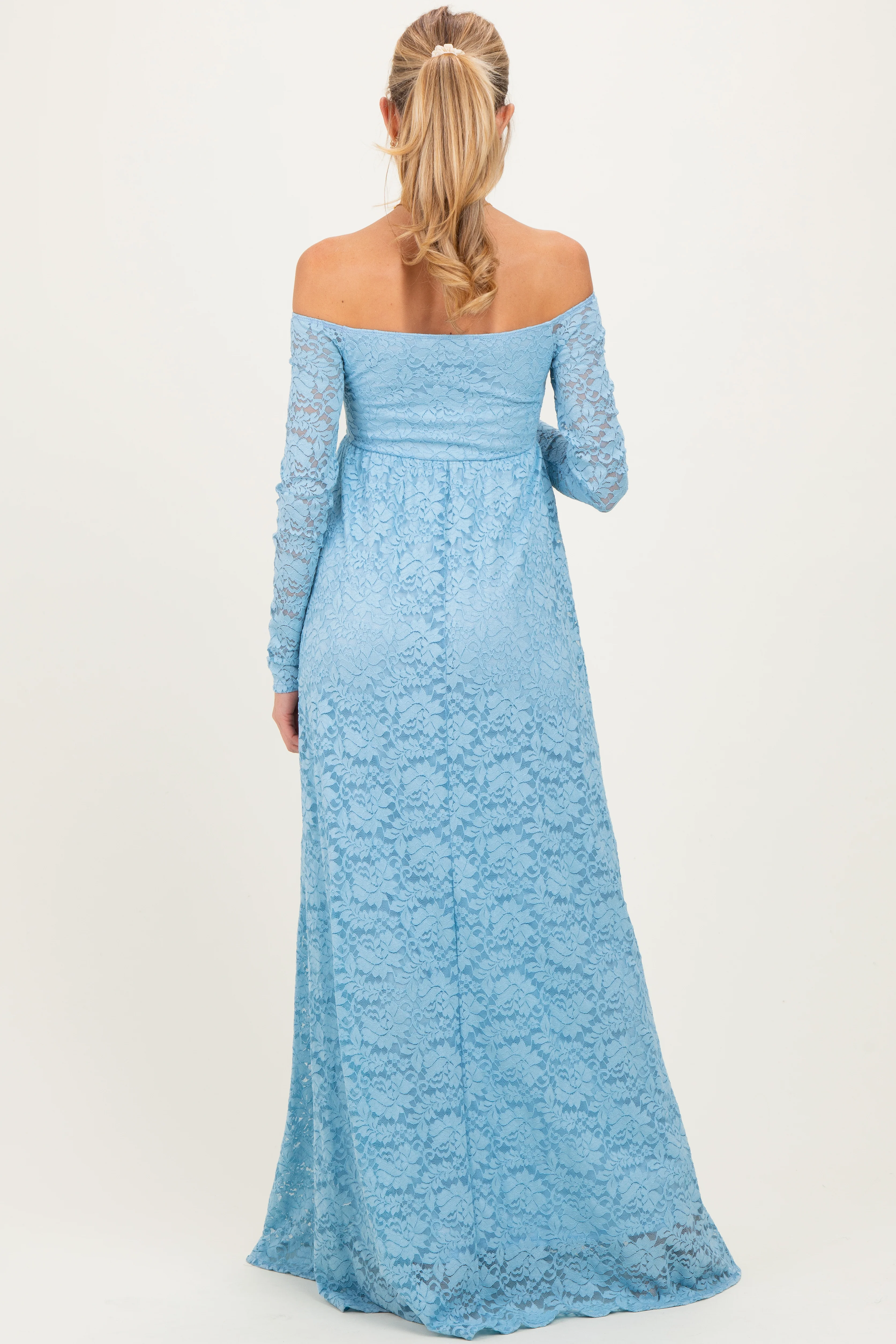 Light Blue Floral Lace Long Sleeve Off Shoulder Maternity Maxi Dress - Image 4