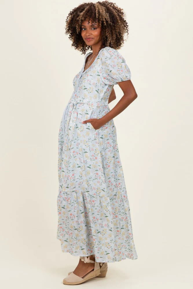 Light Blue Floral Lace Trim Button Down Maternity Maxi Dress - Image 3