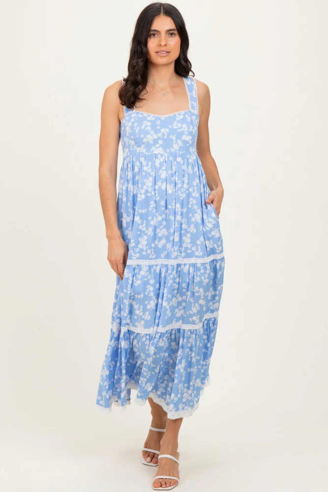 Light Blue Floral Lace Trim Tiered Maxi Dress - Image 2
